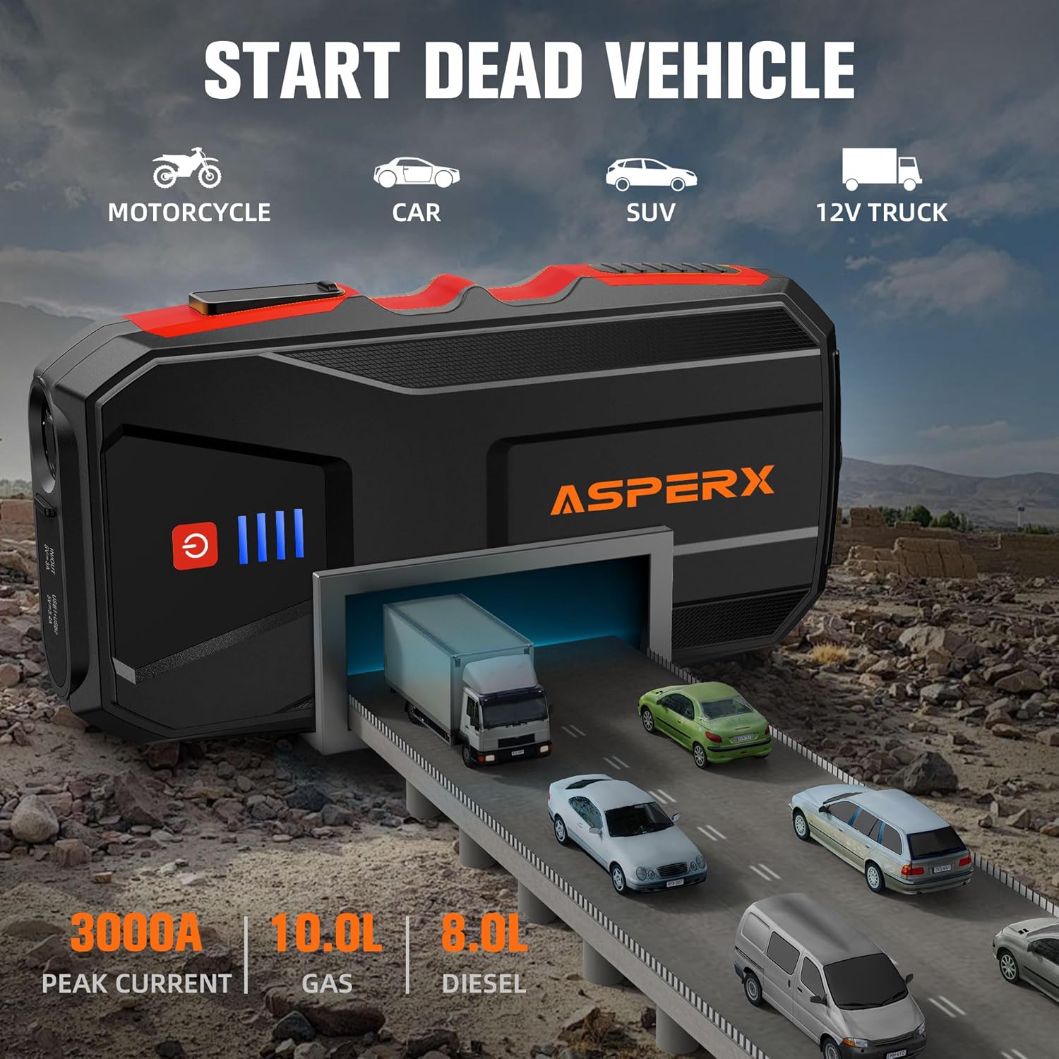 ASPERX 3000A Jump Starter for Car Battery, 12V Portable Jump Box with LED Light  Smart Jumper Cables, BMS for Up to 10.0L Gas or 8.0L Diesel Engines