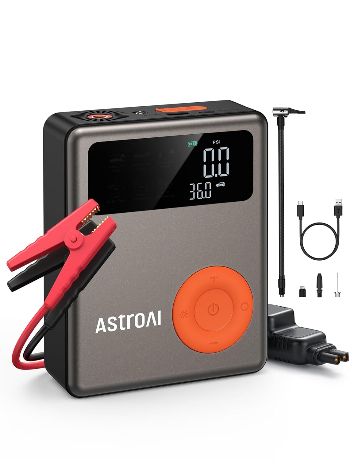 AstroAI Portable Car Jump Starter with Air Compressor, 150PSI 1750A Car Jumper Starter Battery Pack with Cordless Tire Inflator (7.5 Gas/5.0L Diesel), 12V Jump Box, Large LCD Display, Lights