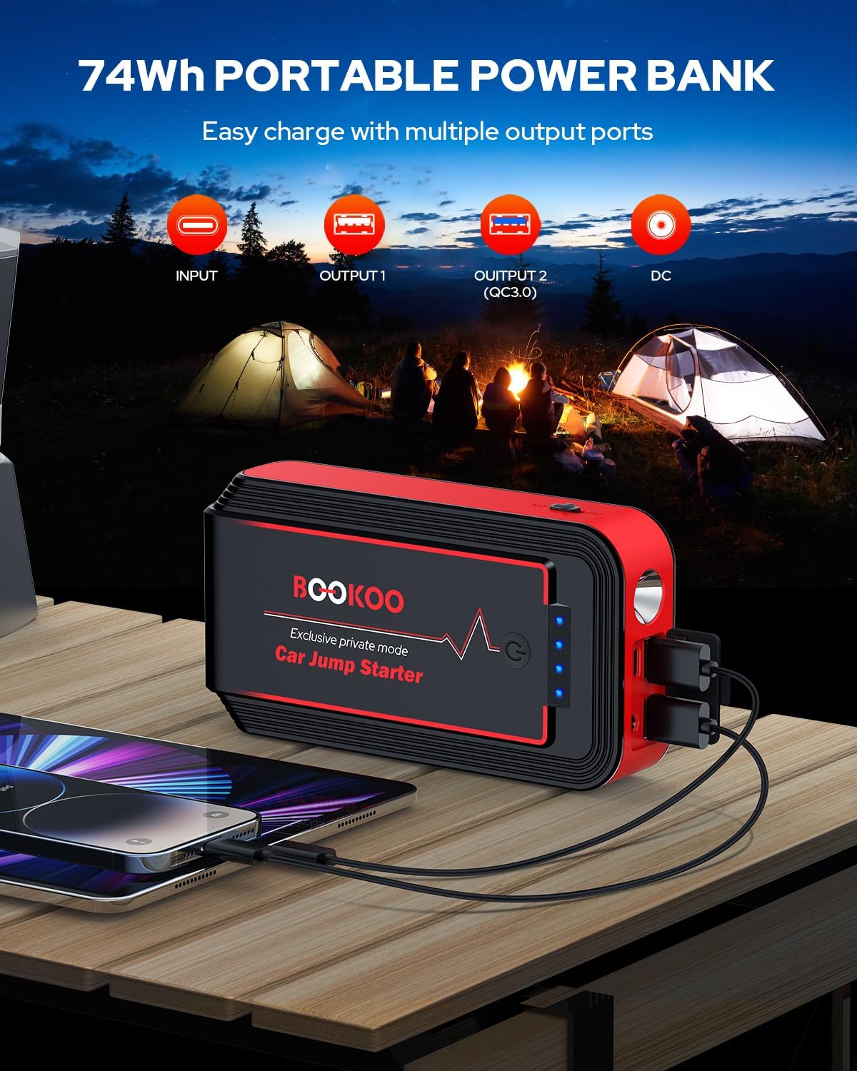 BOOKOO Portable Car Jump Starter with Air Compressor, 3000A 150PSI Jumpe Starter Battery Pack, 12V Car Battery Booster Jump Box with USB 3.0 Display Screen LED Light and 4 Pumping Modes