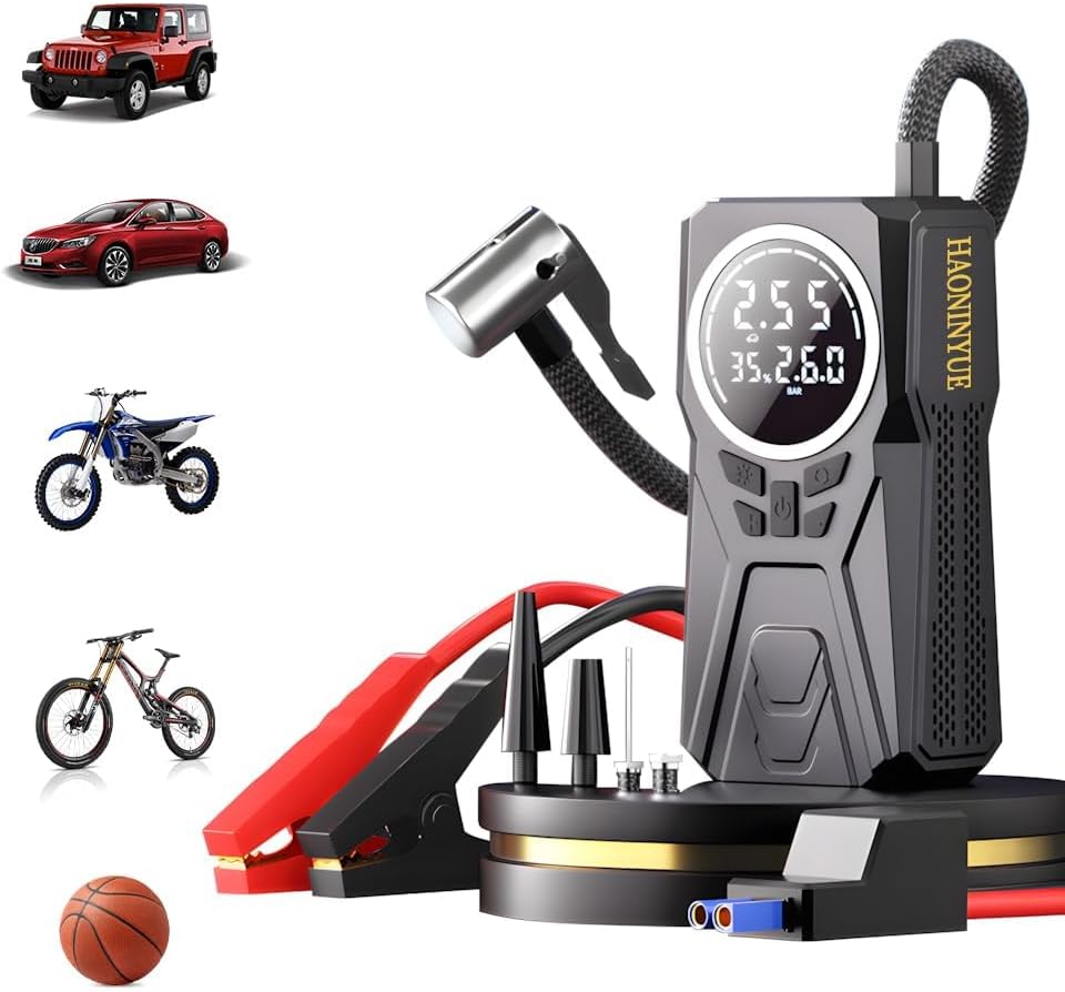Car Battery Starter with Air Compressor, 3000A Car Emergency Starting Power Supply, 150PSI Tire Inflator Portable Compressor, Portable Tire Inflator for Cars, Pickup Trucks, Bicycles, etc.
