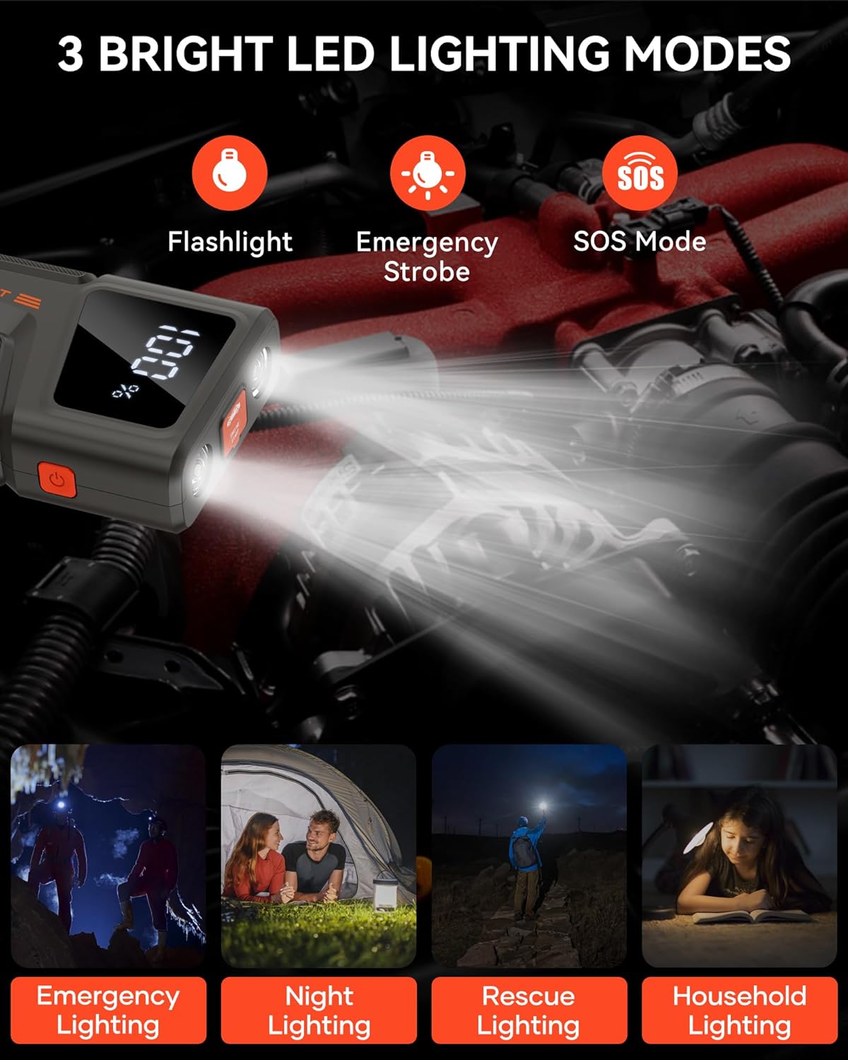 Car Jump Starter, 12V Portable Battery Charger (up to 7.5L Gas5.5L Diesel Engine) Auto Lithium Battery Booster 2000A 18000mAh Jump Pack with Smart Jumper Clamps, USB QC3.0, LED Light, Compact