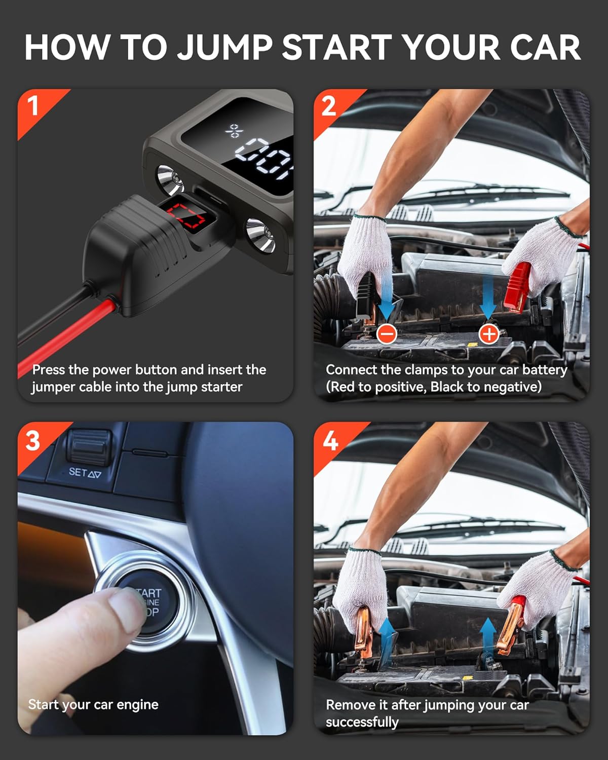 Car Jump Starter, 12V Portable Battery Charger (up to 7.5L Gas5.5L Diesel Engine) Auto Lithium Battery Booster 2000A 18000mAh Jump Pack with Smart Jumper Clamps, USB QC3.0, LED Light, Compact