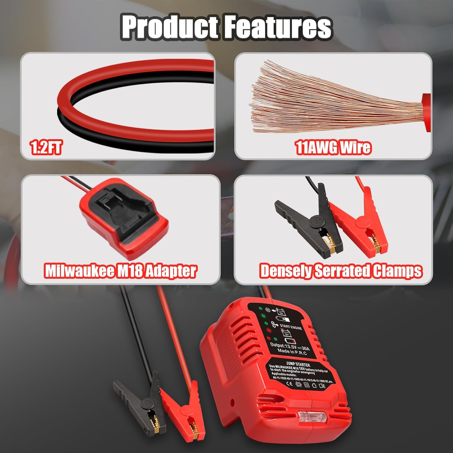 Car Jumper Cables for Milwaukee 18V M18 Batteries Car Jump Starter with LED Lights Engine 12V Auto Booster Cables for Jump Starting Dead or Weak Cars Batteries (Battery not Included)