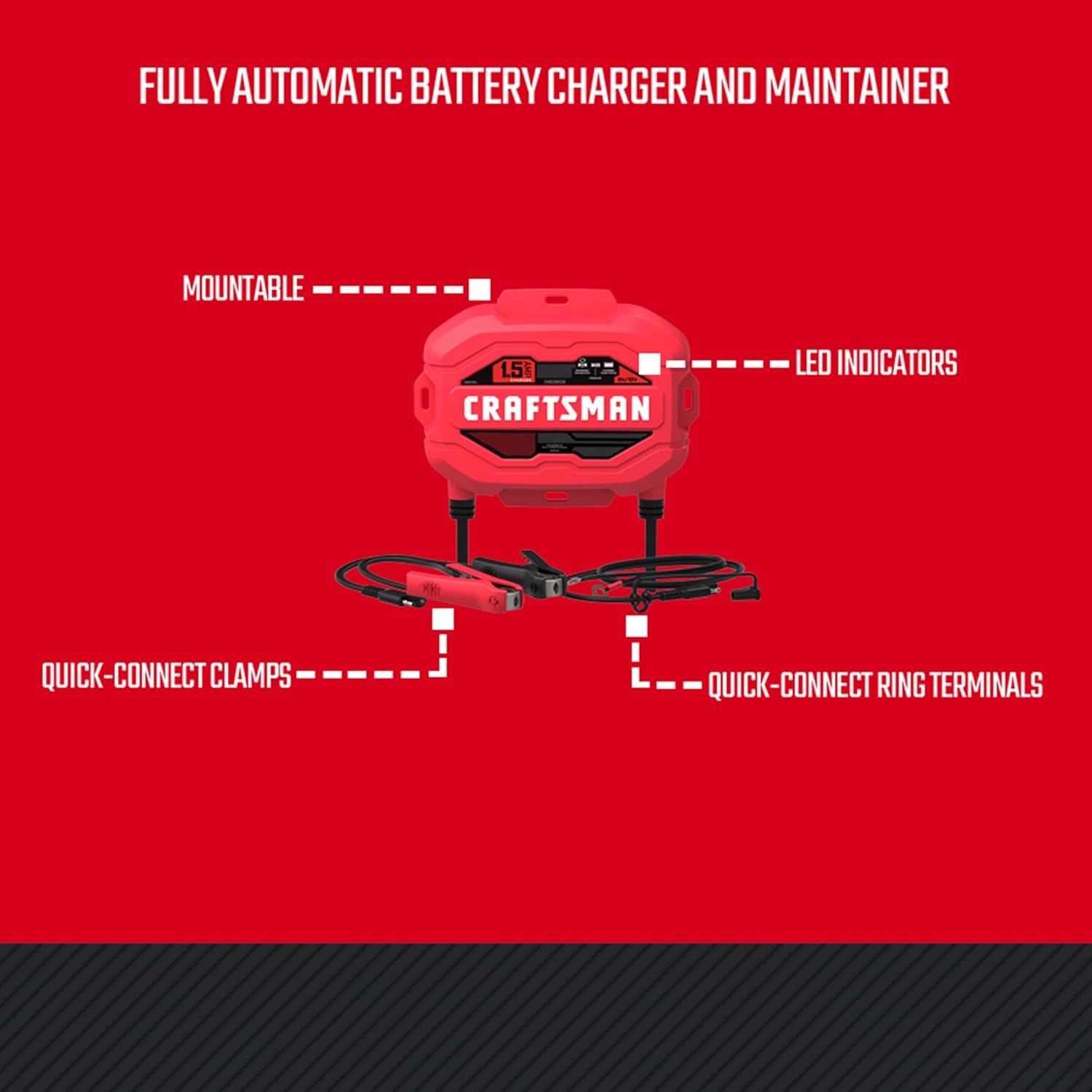 CRAFTSMAN Battery Charger and Maintainer, CMXCESM259, 3-in-1, Fully Automatic, 1.5 Amps, 6 Volt, 12 Volt, for Car, SUV, Truck, and Marine Batteries