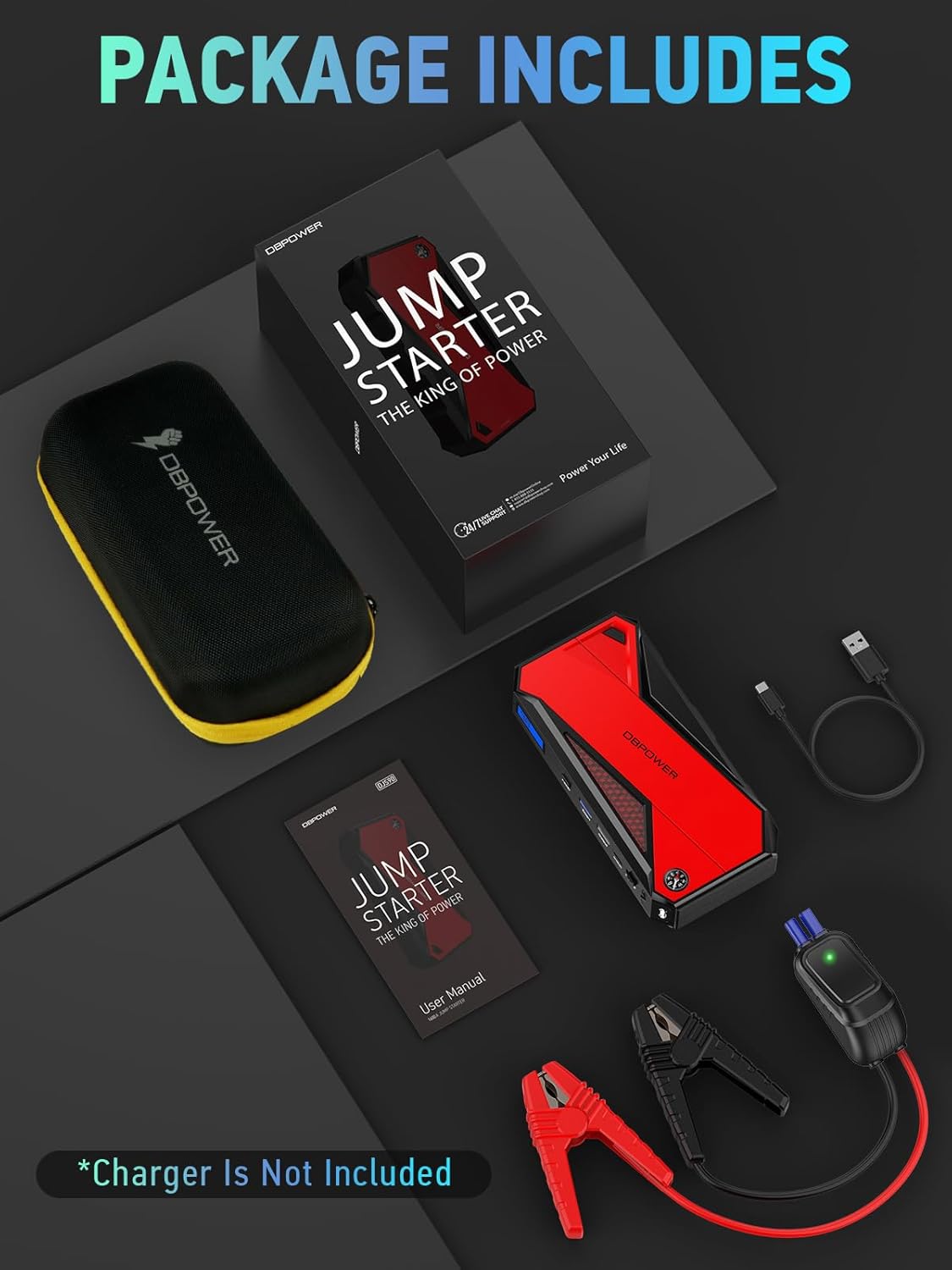 DBPOWER Peak 2000A 18000mAh Portable Car Jump Starter (up to 7.2L Gas, 5.5L Diesel Engine) Battery Booster with Smart Charging Port, Compass, LCD Screen and LED Light (Black/Red)