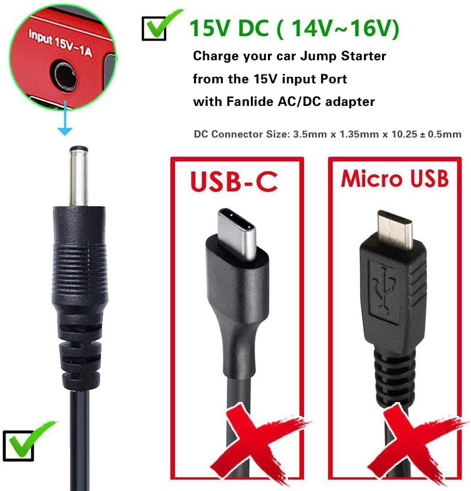DC 15V 1A Adapter Charger for Car Jump Starter, Peak 450A 500A 600A 800A 1000A Auto Battery Booster Jump Starter Charger