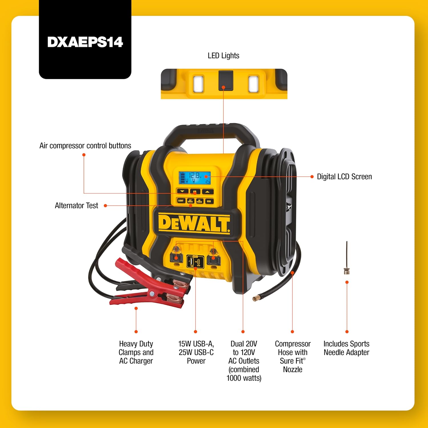 DEWALT DXAEPS14-Type2 2000 Peak Battery Amp 12V Automotive Battery Booster Jump Starter/Power Station with 120 PSI Compressor, 500W AC Power Inverter, and 15W USBa 25W USB Ports DEWALT DXAEPS14-Type2 2000 Peak Battery Amp 12V Automotive Battery Booster Jump Starter/Power Station with 120 PSI Compressor, 500W AC Power Inverter, and 15W USBa 25W USB Ports