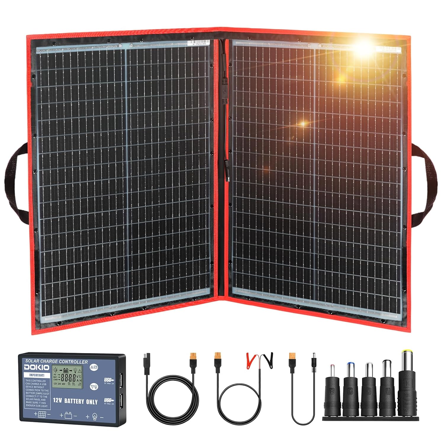 DOKIO 100w 18v Portable Foldable Solar Panel Kit (21x28inch, 5.9lb),Solar Controller 2 USB Output to Charge 12v Batteries/Power Station (AGM, Lifepo4) Rv Camping Trailer Emergency Power