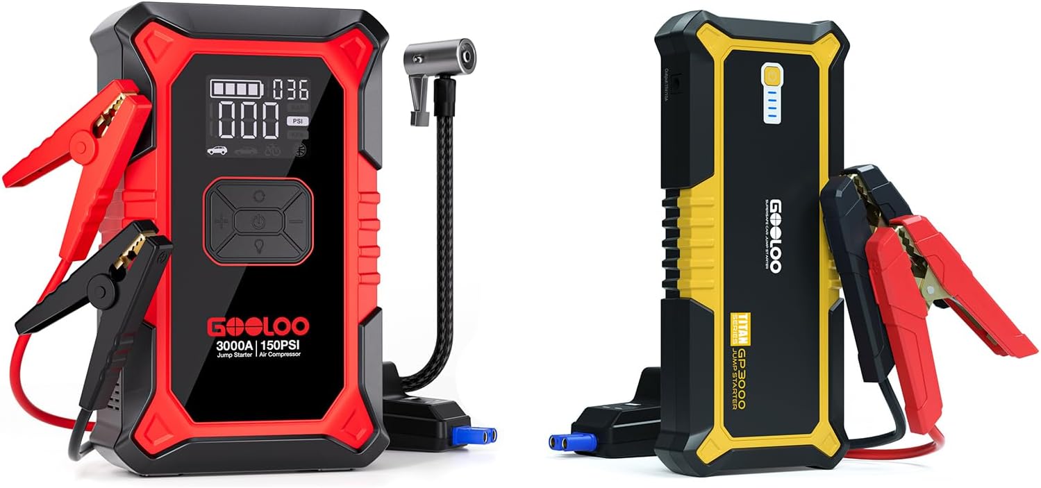 GOOLOO GP3000 3000A Jump Starter  A3 Jump Starter with Air Compressor, 3000A Portable Car Battery Booster (9.0 Gas/6.5L Diesel) with 150PSI Auto-Shutoff Tire Inflator