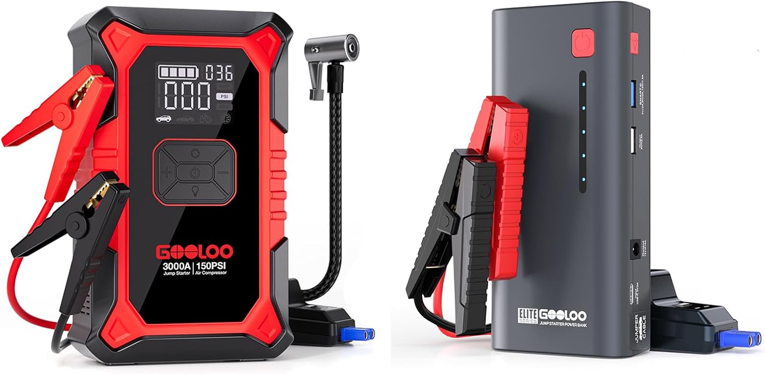 GOOLOO Jump Starter Battery Pack 2000A Peak  A3 Jump Starter with Air Compressor, 3000A Portable Car Battery Booster (9.0 Gas/6.5L Diesel) with 150PSI Auto-Shutoff Tire Inflator