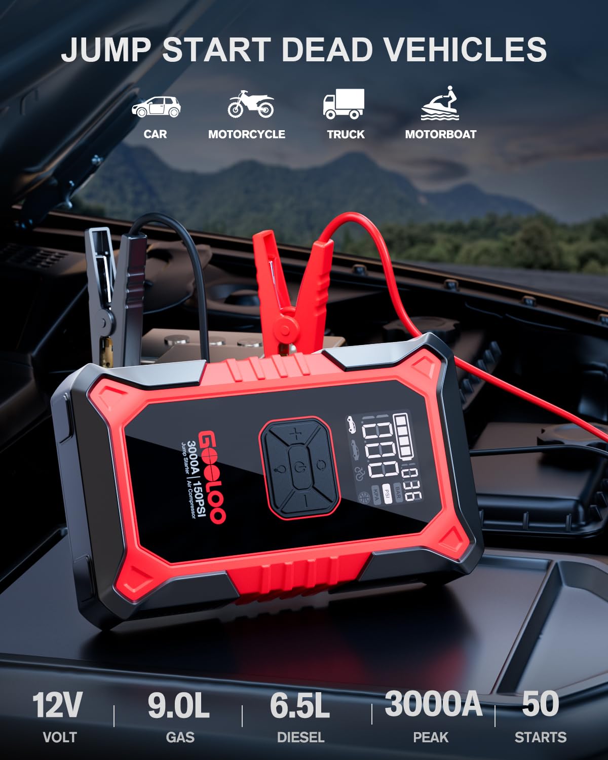 GOOLOO New GP2000 Jump Starter  A3 Jump Starter with Air Compressor, 3000A Portable Car Battery Booster (9.0 Gas/6.5L Diesel) with 150PSI Auto-Shutoff Tire Inflator