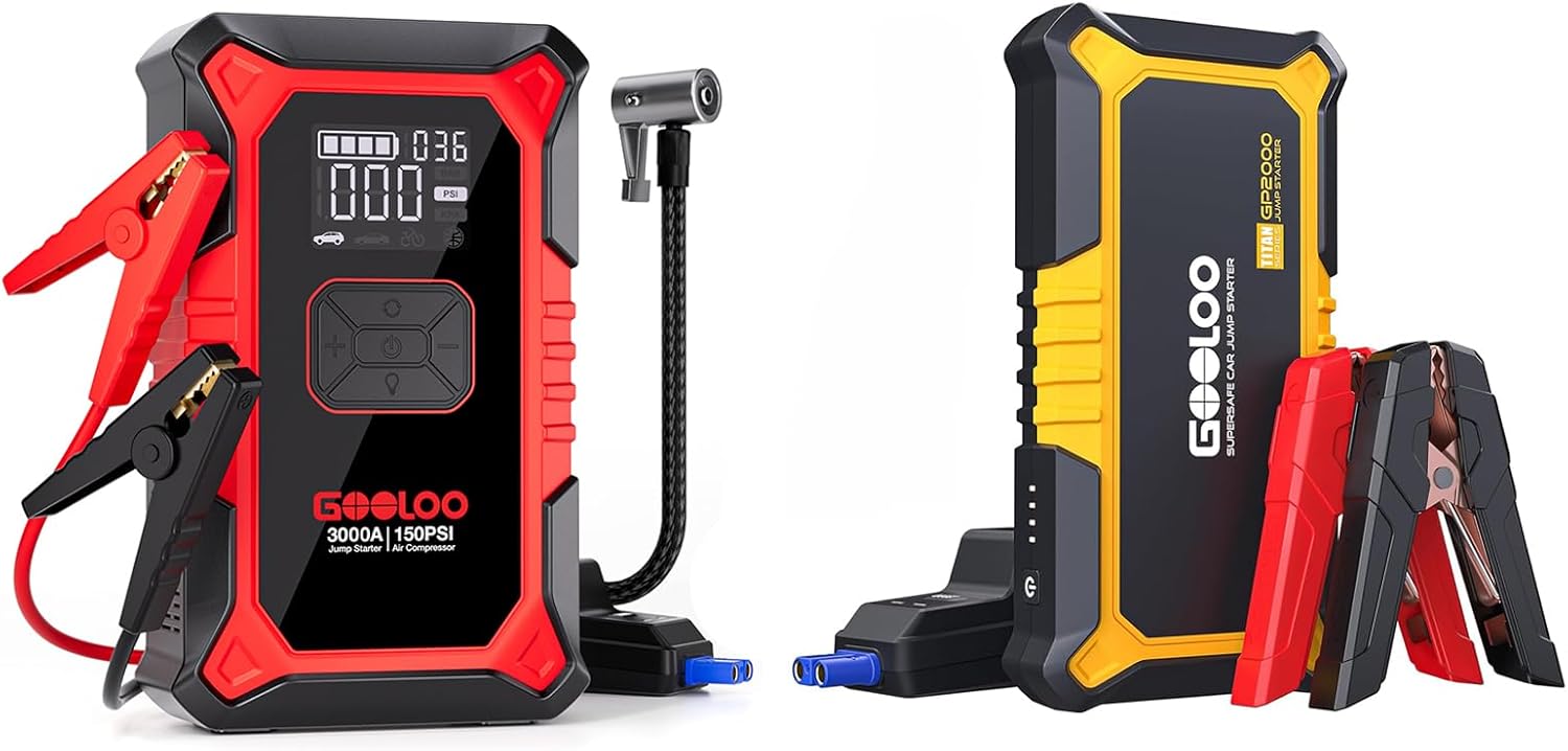 GOOLOO New GP2000 Jump Starter  A3 Jump Starter with Air Compressor, 3000A Portable Car Battery Booster (9.0 Gas/6.5L Diesel) with 150PSI Auto-Shutoff Tire Inflator