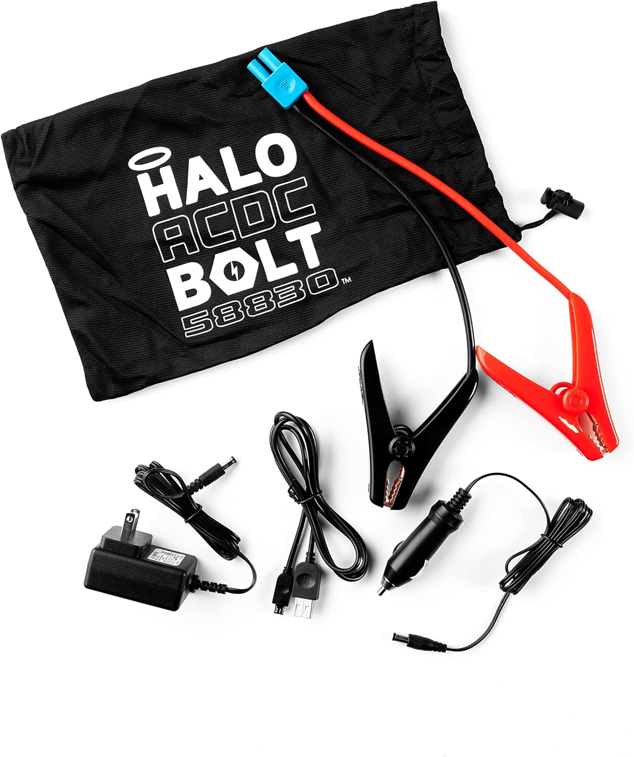 HALO Bolt 58830 ACDC Portable Car Battery Jump Starter | 58.8Wh USB Power Bank with AC Outlet, Emergency Floodlight  Charger, Jumps Cars SUVs  Trucks, Powers Phones  Laptops, TSA Approved — Blue