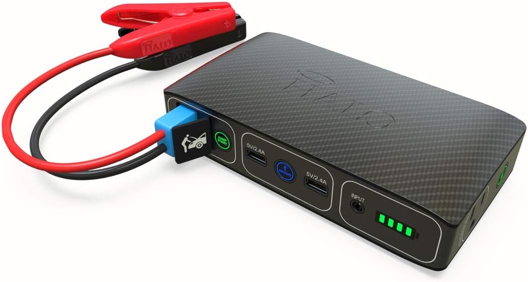 HALO Bolt 58830 ACDC Portable Car Battery Jump Starter | 58.8Wh USB Power Bank with AC Outlet, Emergency Floodlight  Charger, Jumps Cars SUVs  Trucks, Powers Phones  Laptops, TSA Approved — Black