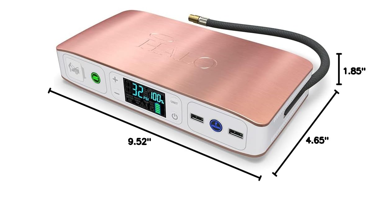 HALO Bolt Air 58830 Portable Car Battery Jump Starter | 100 PSI Air Compressor, 58.8Wh USB Power Bank, Emergency Floodlight  Charger, Jump Cars SUVs  Trucks, Inflate Tires, TSA Approved — Rose Gold