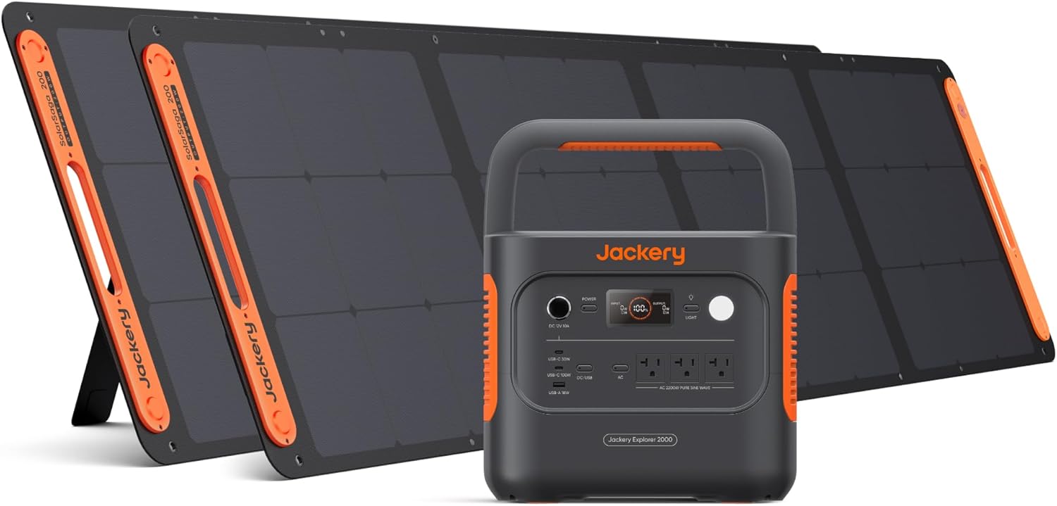 Jackery Solar Generator 2000 v2 with 2x200W Solar Panels, 2042Wh/2200W LiFePo4 Portable Power Station, 20ms UPS Home Backup, USB-C PD 100W Fast Charging for Power Outages, Emergencies, Camping  RVing