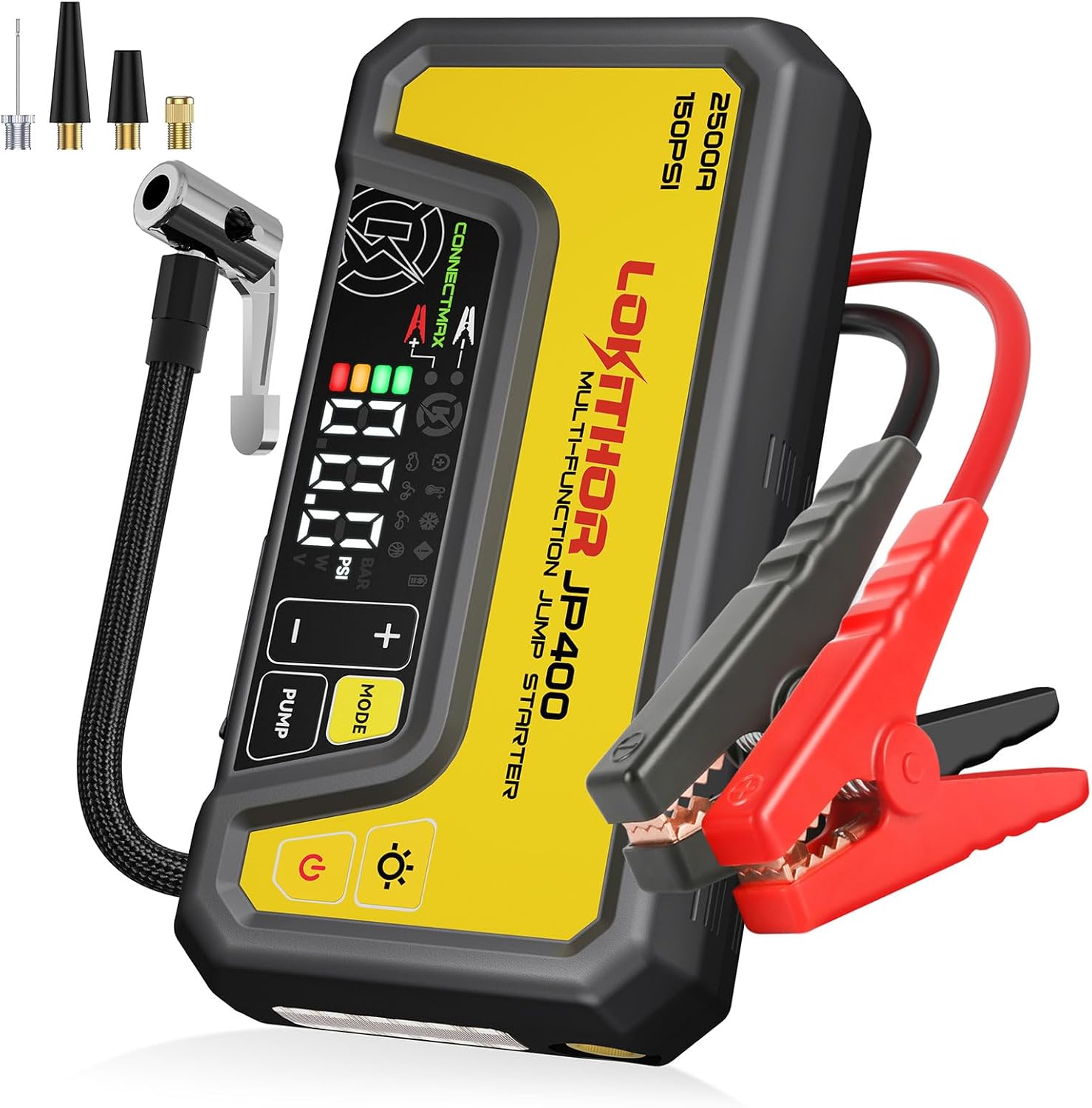JP400 Jump Starter with Air Compressor, 2500A 12V Portable Car Battery Booster Pack (8.5L Gas/6.5L Diesel) with ConnectMax Tech, 150PSI Tire Inflator, Auto-Shutoff  Dynamic Dwell (Yellow)