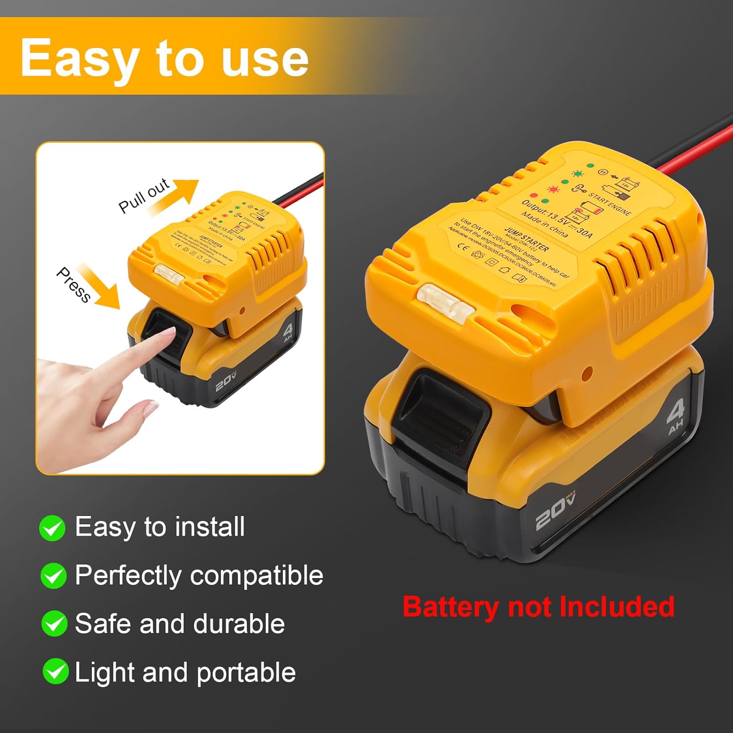 Jump Starter for Dewal_t_20V 60V Battery Jumper Cables 11AWG 1.2FT Automotive Booster Cable for Jump Starting Car Using Tool Battery (Battery not Included)