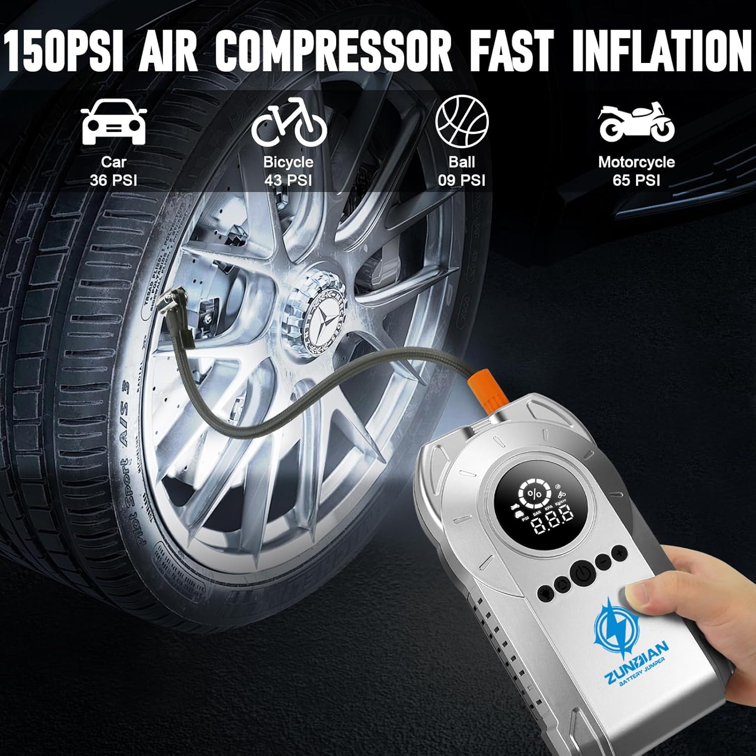 Jump Starter Tire Inflator, 6000A 12V Portable Car Battery Jumper Starter with Air Compressor 260 PSI, for Up to 10L Gas and 8L Diesel, Battery Charger Booster Pack Jump Box USB Charging LED Light