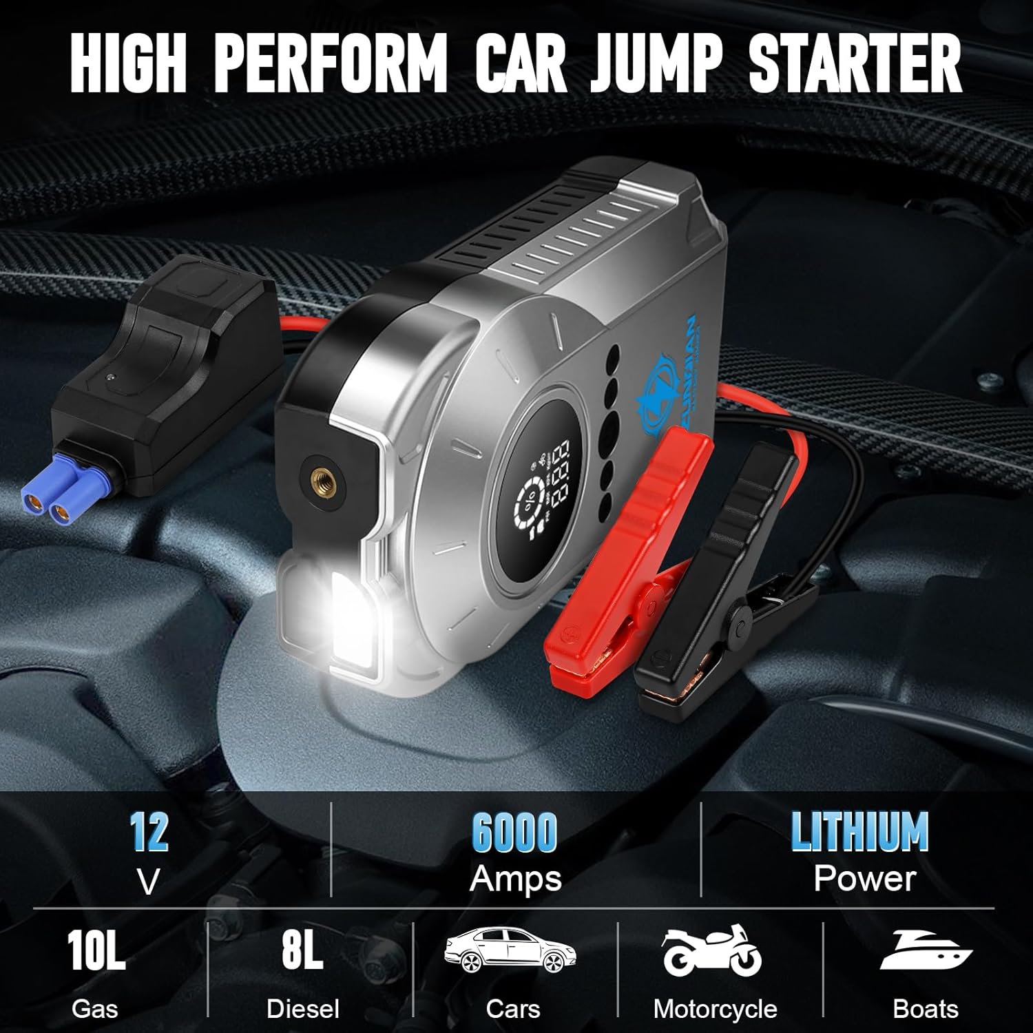 Jump Starter Tire Inflator, 6000A 12V Portable Car Battery Jumper Starter with Air Compressor 260 PSI, for Up to 10L Gas and 8L Diesel, Battery Charger Booster Pack Jump Box USB Charging LED Light