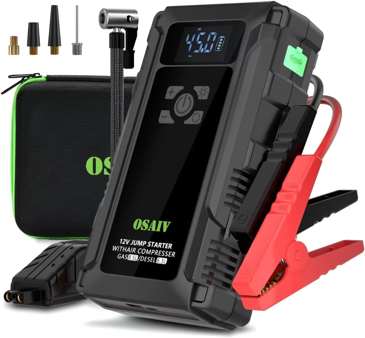 Jump Starter with Air Compressor, 3000A Car Battery Jump Box for 8.5 Gas/6.5L Diesel Vehicles, 150PSI Tire Inflator Auto-Shutoff, 10 Safety Modes, 3-Mode Emergency Light Jump Starter with Air Compressor, 3000A Car Battery Jump Box for 8.5 Gas/6.5L Diesel Vehicles, 150PSI Tire Inflator Auto-Shutoff, 10 Safety Modes, 3-Mode Emergency Light