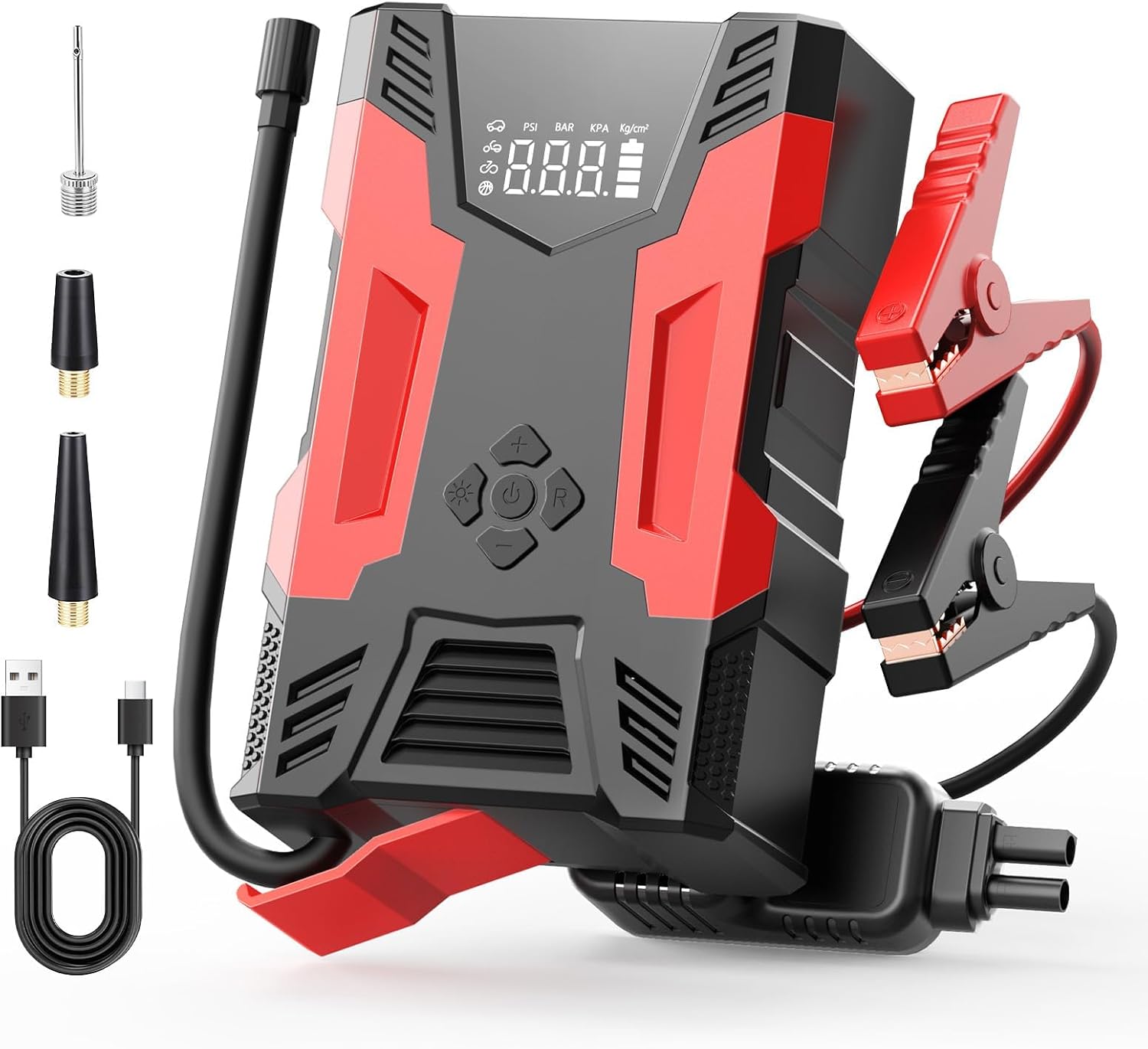 Jump Starter with Air Compressor, 4000A Car Battery Jump Starter (All Gas  7.0L Diesel), 150PSI Tire Inflator Portable Jump Starter, 12V Battery Booster Jump Pack with LCD Display/LED Light/USB-C