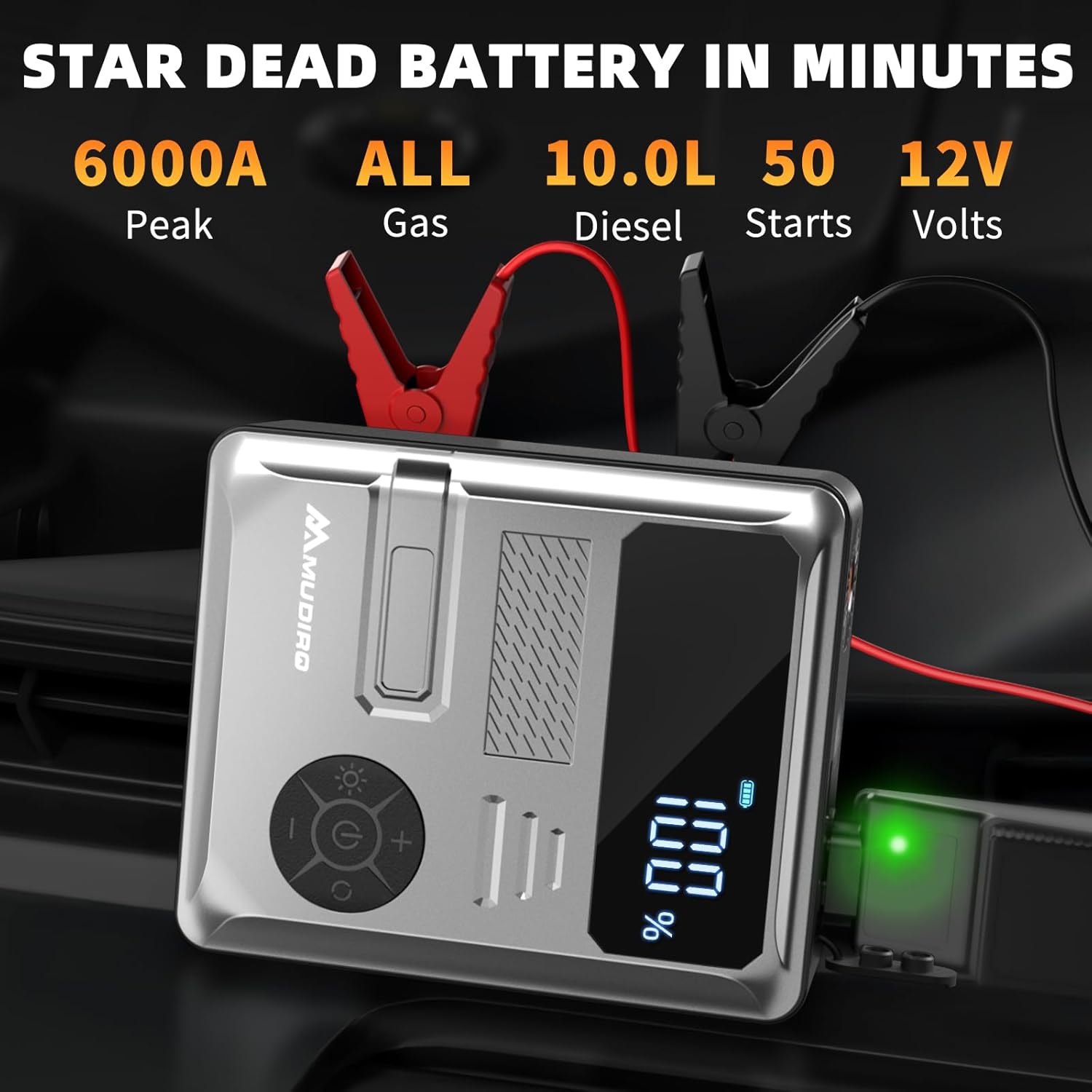 Jump Starter with Air Compressor, 6000A 150PSI 30W Battery Jumper Starter Portable(All Gas/10L Diesel),12V Jump Box Car Battery Charger, with LED Light, Compact  Powerful