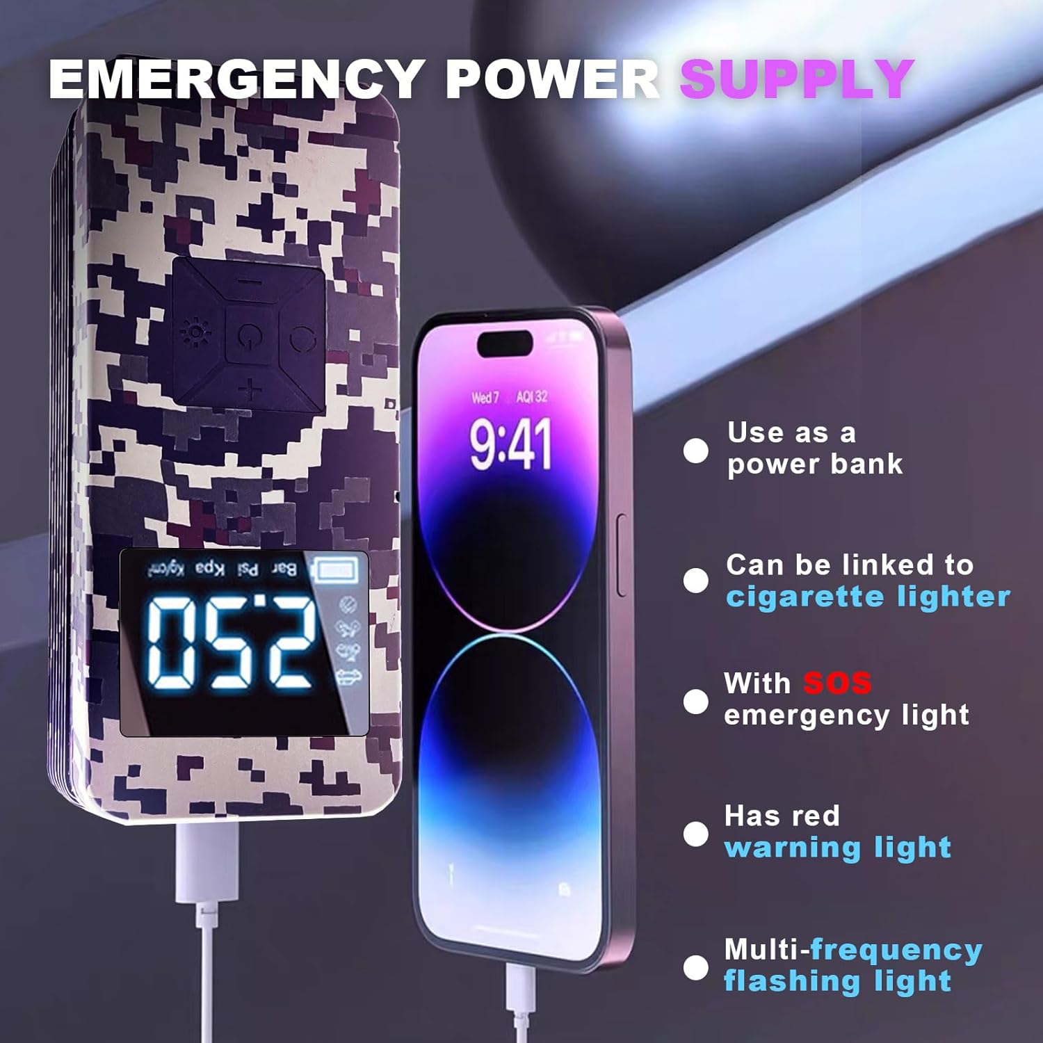 Jump Starter with Air Compressor,8000A Car Battery Jumper Starter (9.0 Gasoline/6.5L Diesel) with 150PSI Digital tire inflator Portable,14.8V Power Pack Car Jump Box Charger with LCD Display, Lights