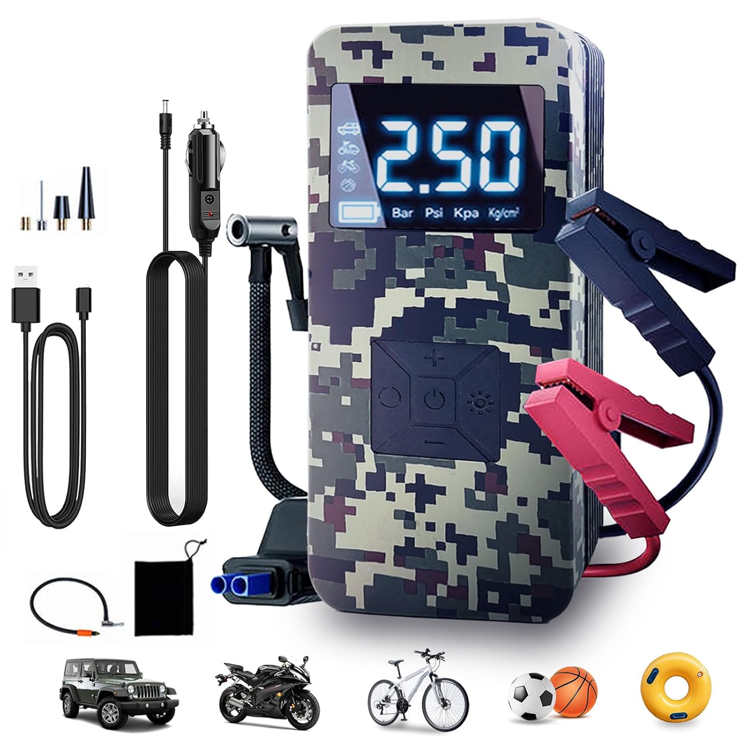 Jump Starter with Air Compressor,8000A Car Battery Jumper Starter (9.0 Gasoline/6.5L Diesel) with 150PSI Digital tire inflator Portable,14.8V Power Pack Car Jump Box Charger with LCD Display, Lights