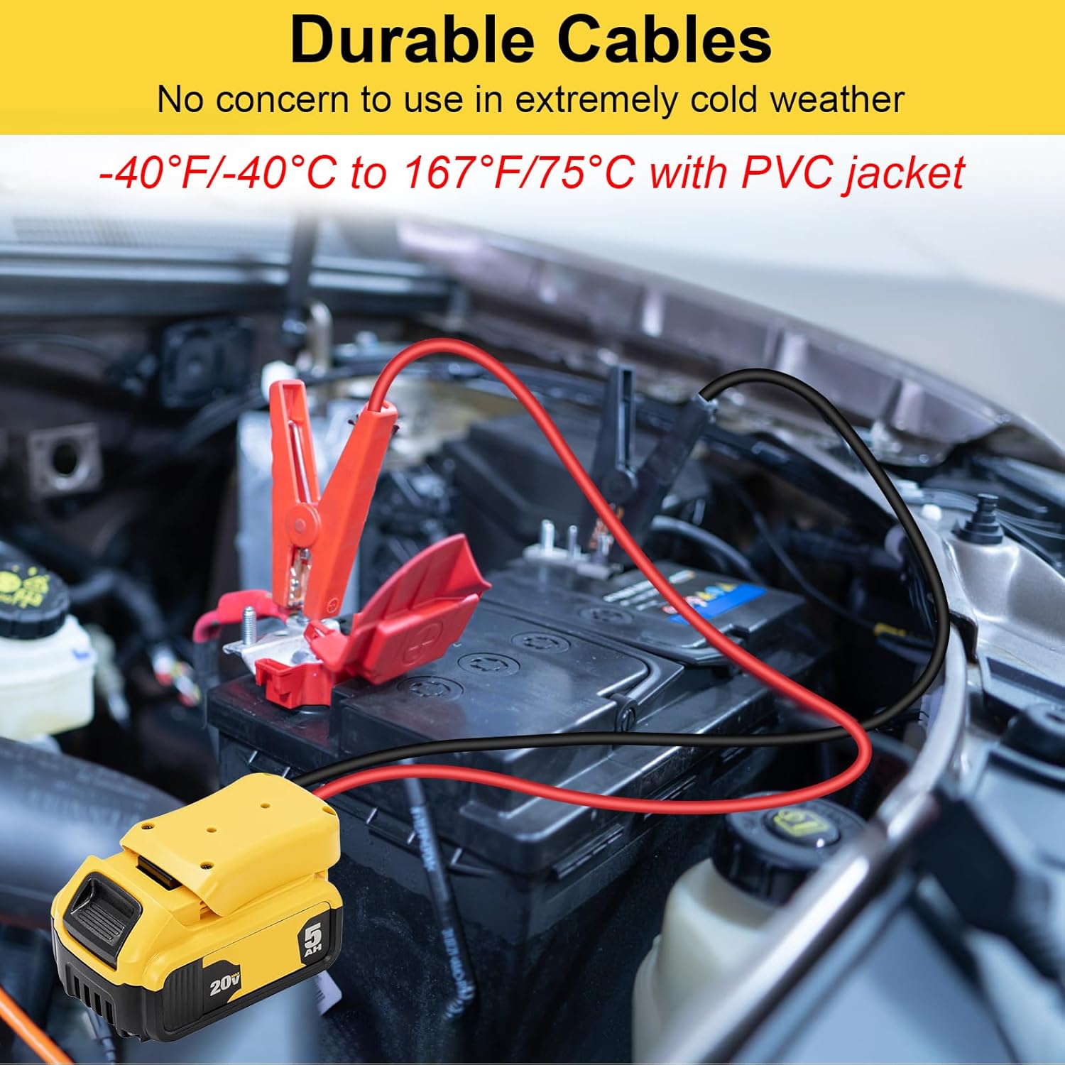 Jumper Cable Clamps for DeWalt 20V Battery Jump Starter, 2.0FT 8AWG Car Battery Jumper Cable with Adapter, Automotive Battery Booster Cable for Tools used to Jump Start a Car