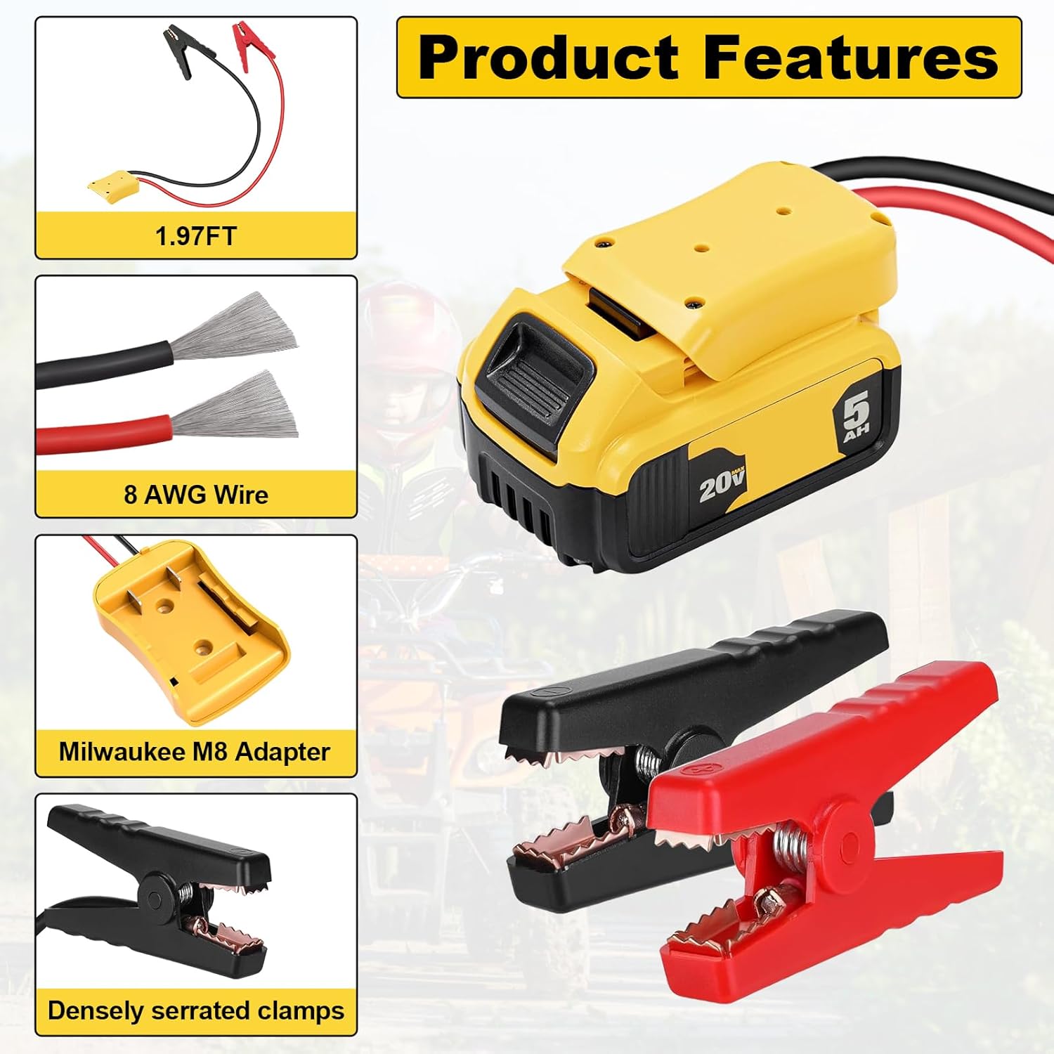 Jumper Cable Clamps for DeWalt 20V Battery Jump Starter, 2.0FT 8AWG Car Battery Jumper Cable with Adapter, Automotive Battery Booster Cable for Tools used to Jump Start a Car