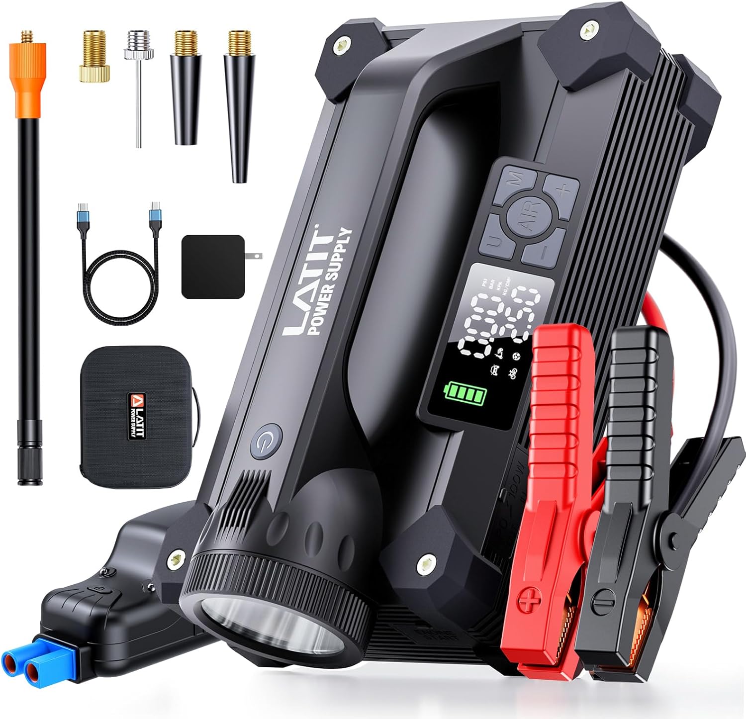 LATIT 6000A Jump Starter with Air Compressor 150PSI 65W Charger, 12V Battery Jumper Starter Pack Portable (10L Gas/8L Diesel), 103.6Wh Jump Box Battery Charger with LCD Display, Lights 2000 LM