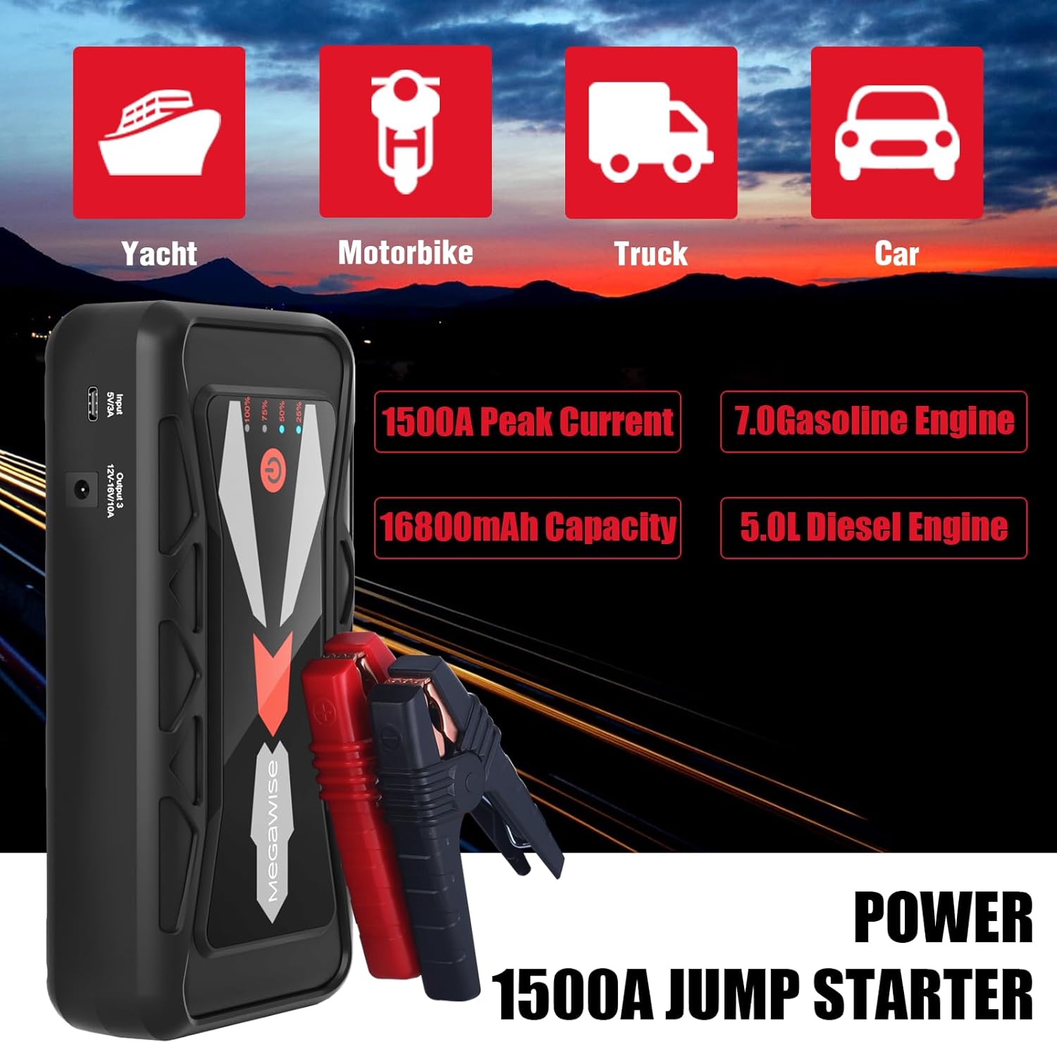 MEGAWISE 1500A Peak 16800mAh Car Battery Jump Starter Booster (up to 7L Gas or 5L Diesel Engines), 12V Portable Power with Dual USB Outputs  Flashlight 2023 Upgraded Extremely Safe