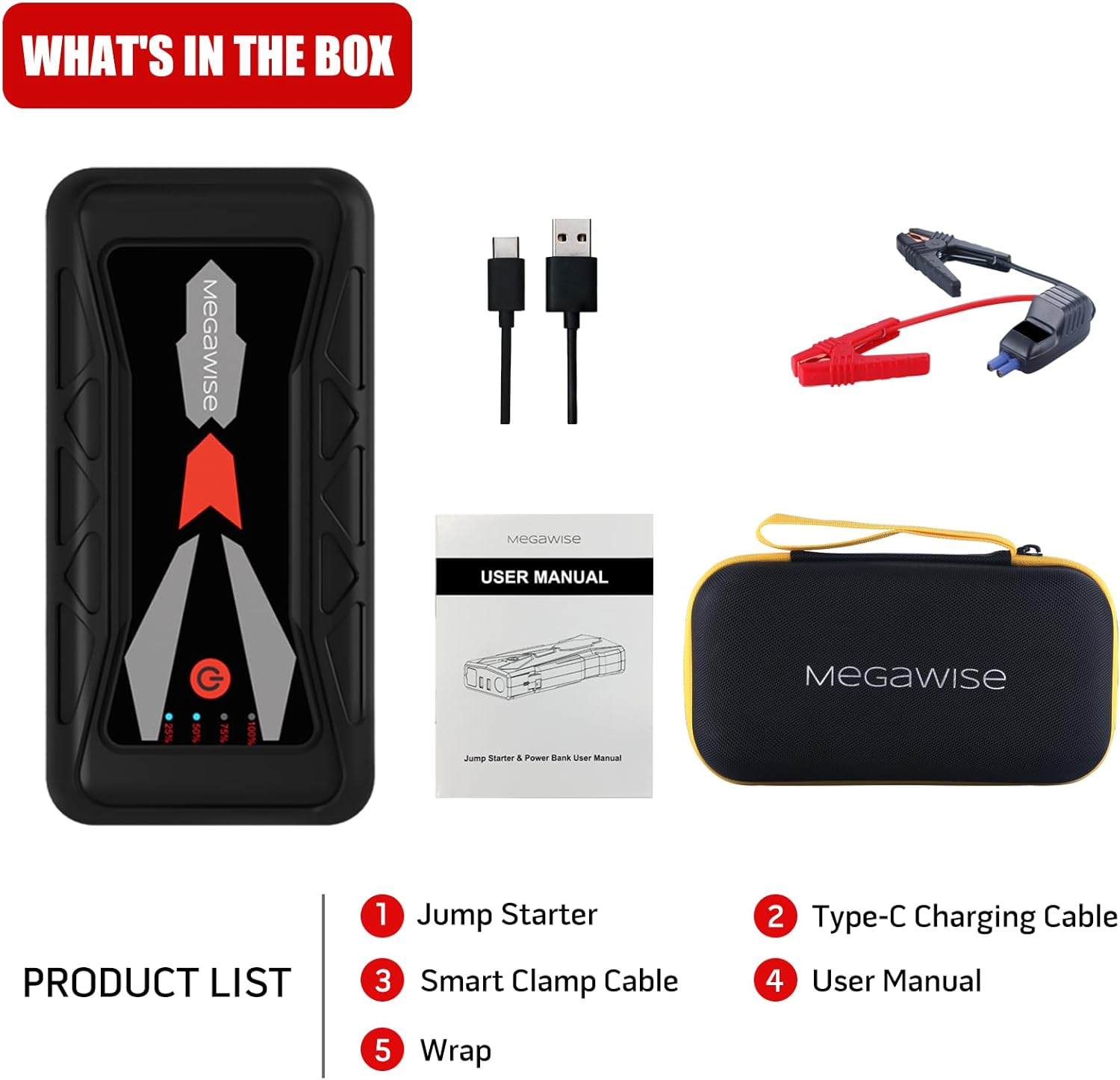 MEGAWISE 1500A Peak 16800mAh Car Battery Jump Starter Booster (up to 7L Gas or 5L Diesel Engines), 12V Portable Power with Dual USB Outputs  Flashlight 2023 Upgraded Extremely Safe