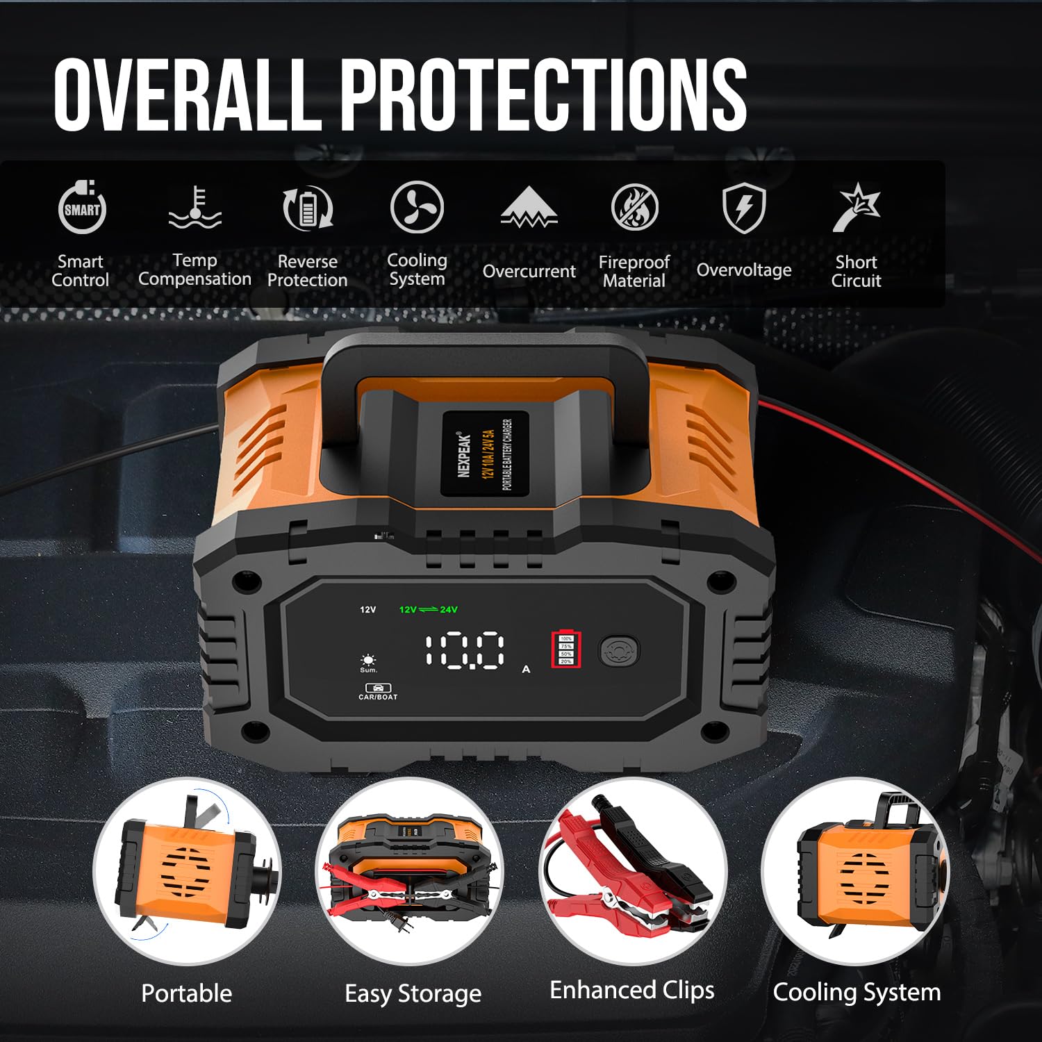 NEXPEAK NC202 10-Amp Battery Charger, 12V 24V LiFePO4 Lead Acid Portable Car Battery Charger 8-Stage Trickle Charger Smart Battery Maintainer w/Temp Compensation for Car Truck Motorcycle Lawn Mower NEXPEAK NC202 10-Amp Battery Charger, 12V 24V LiFePO4 Lead Acid Portable Car Battery Charger 8-Stage Trickle Charger Smart Battery Maintainer w/Temp Compensation for Car Truck Motorcycle Lawn Mower