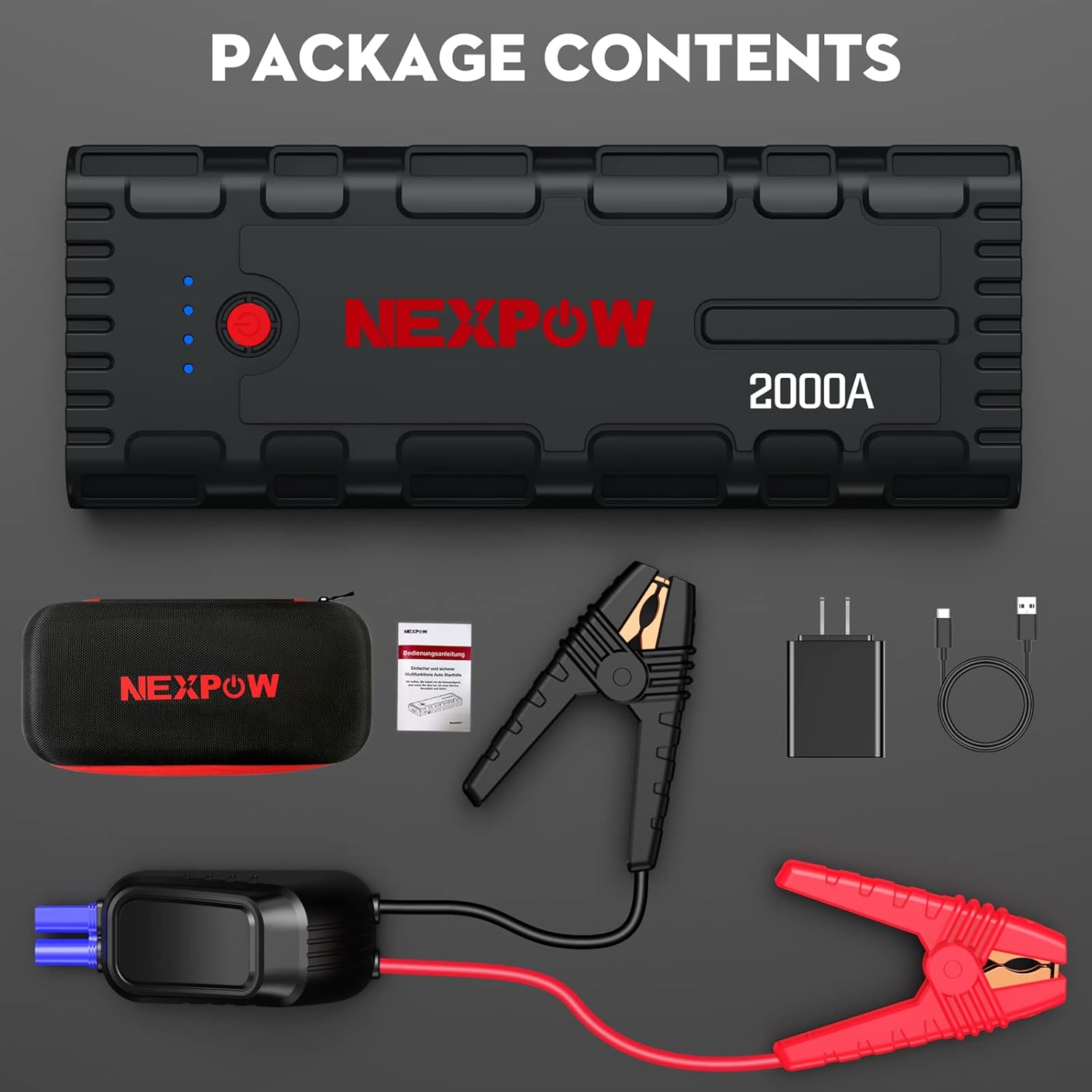 NEXPOW 2000A Peak Car Jump Starter with USB Quick Charge 3.0 (Up to 7.0L Gas or 6.5L Diesel Engine), 12V Portable Jump Box, Battery Booster with Built-in LED Light