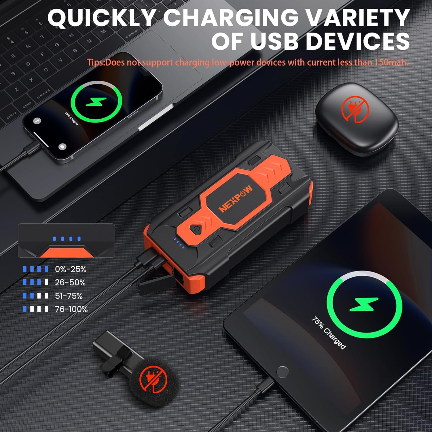 NEXPOW Battery Jump Starter 3000A Car Jump Starter (up to 8.0L Gas/8L Diesel Engines) 12V Car Battery Booster Pack with USB Quick Charge 3.0 and 4 LED Modes Red Blue Warning