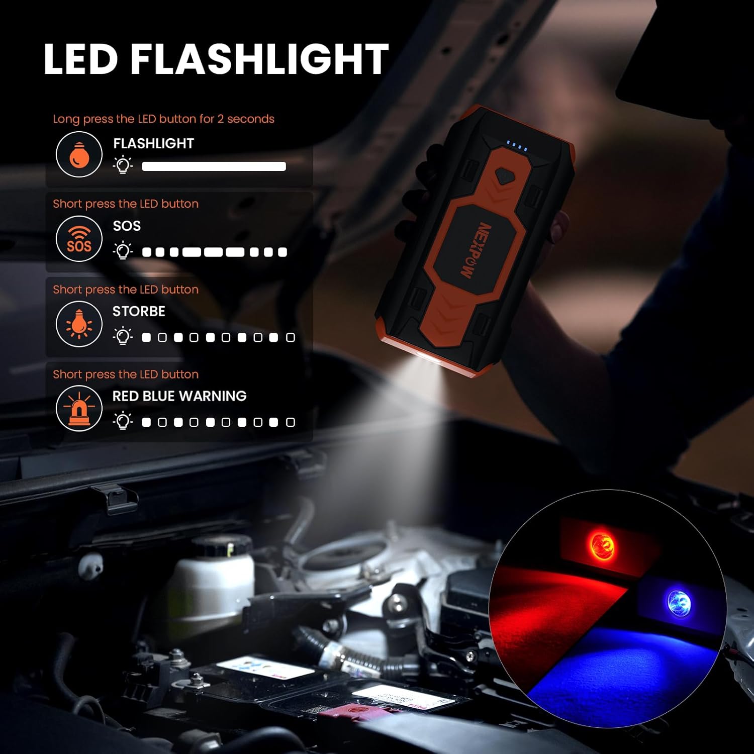 NEXPOW Battery Jump Starter 3000A Car Jump Starter (up to 8.0L Gas/8L Diesel Engines) 12V Car Battery Booster Pack with USB Quick Charge 3.0 and 4 LED Modes Red Blue Warning