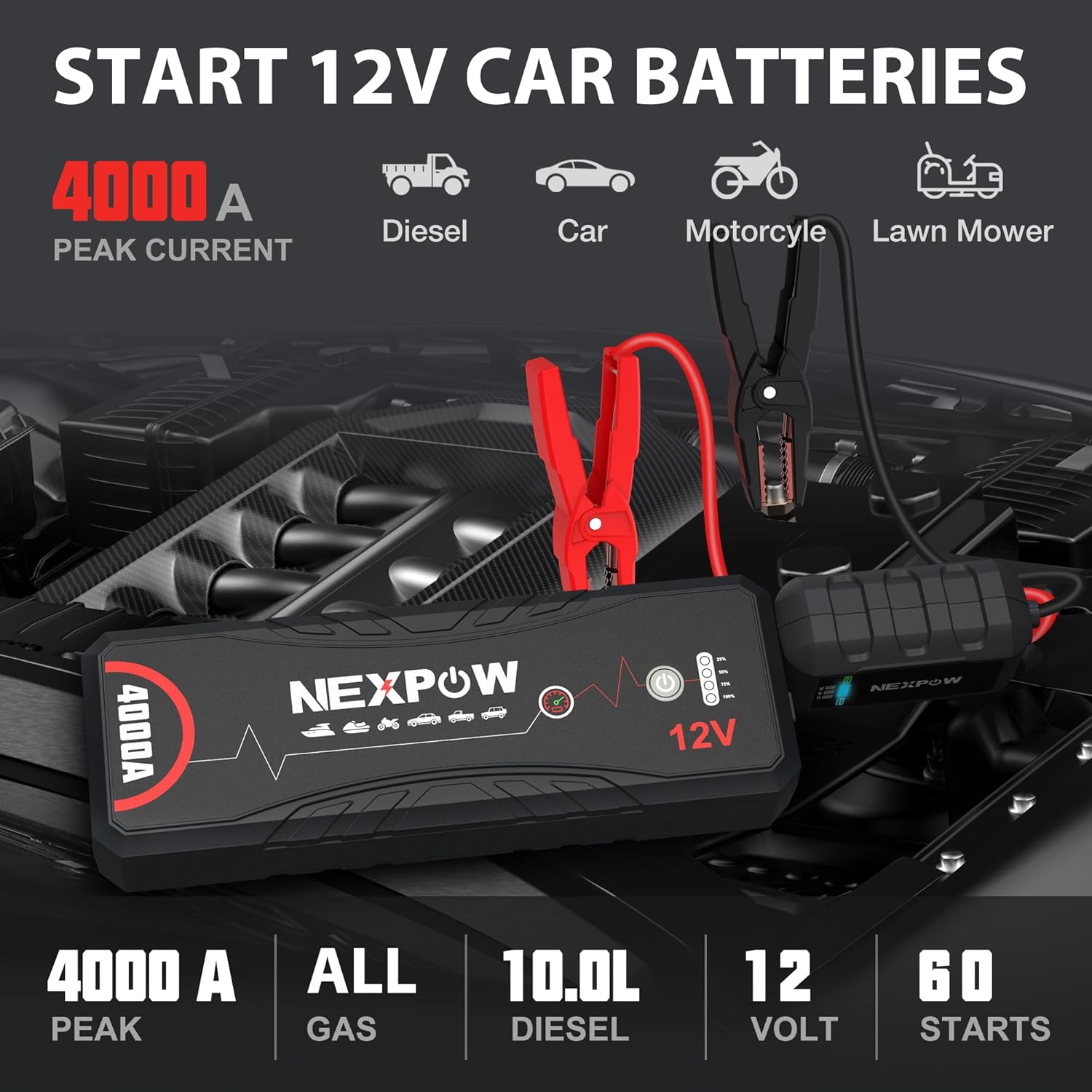 NEXPOW Car Jump Starter,Car Battery Jump Starter Pack 5000A Peak Q12 for All Gas and Up to10.0L Diesel Engine 12V Auto Battery Booster,Jumper Cables,Portable Jump Box with LED Light/USB QC3.0