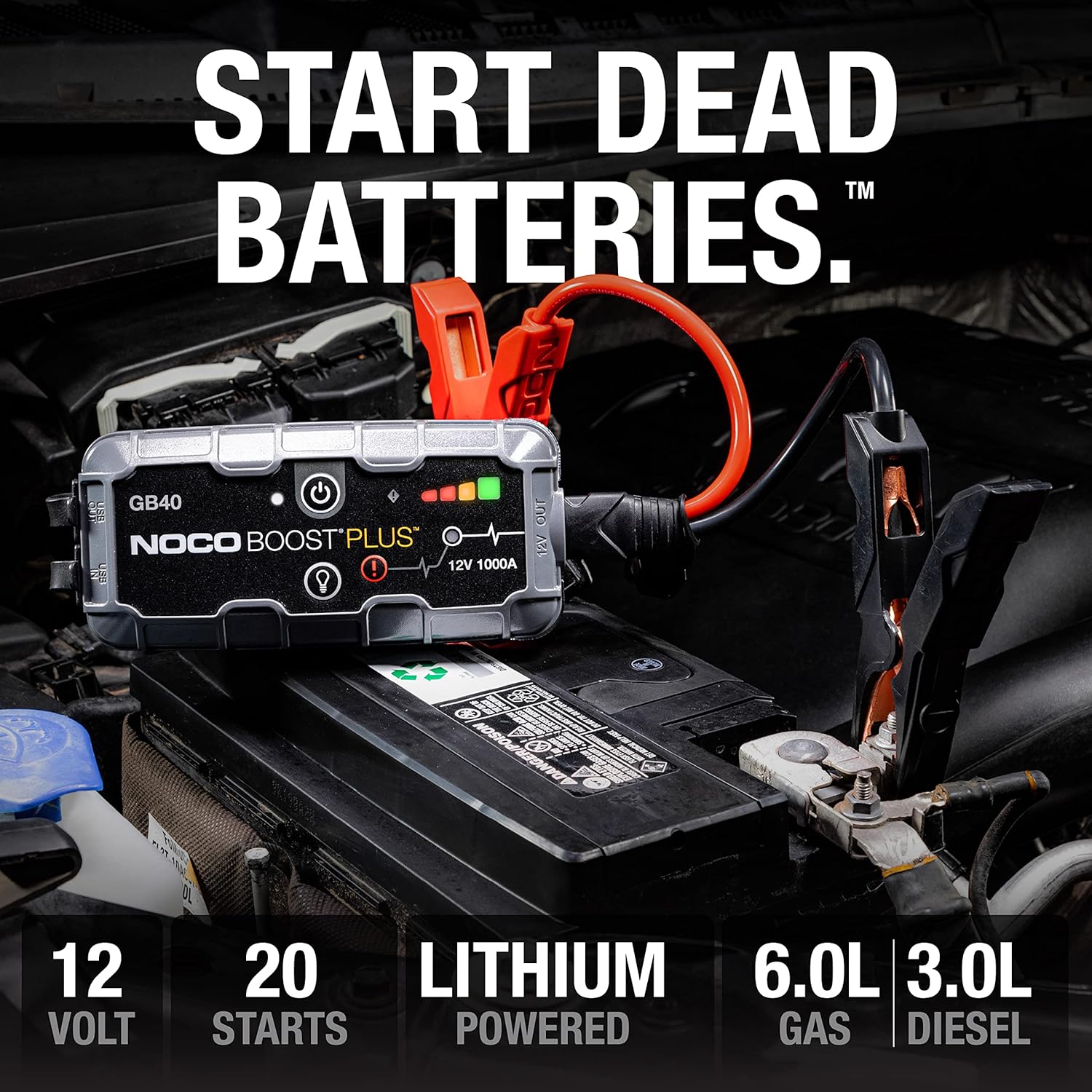 NOCO Boost GB40: 1000A UltraSafe Jump Starter – 12V Lithium Battery Booster Pack, Portable Jump Box, Power Bank  Jumper Cables - for 6.0L Gas and 3.0L Diesel Engines