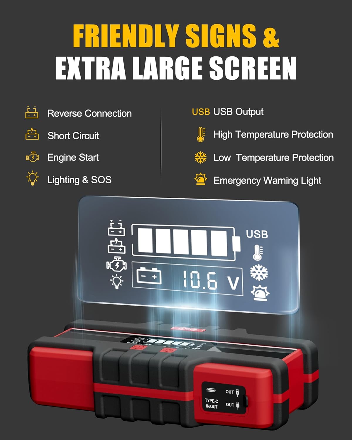 PJS06 2500A Car Battery Jump Starter, Portable 12v Battery Booster, Jump Box and Charger, with Voltage Detection, Built-in Protection and LED Warning Light for 8.0l Gas and 6.5l Diesel