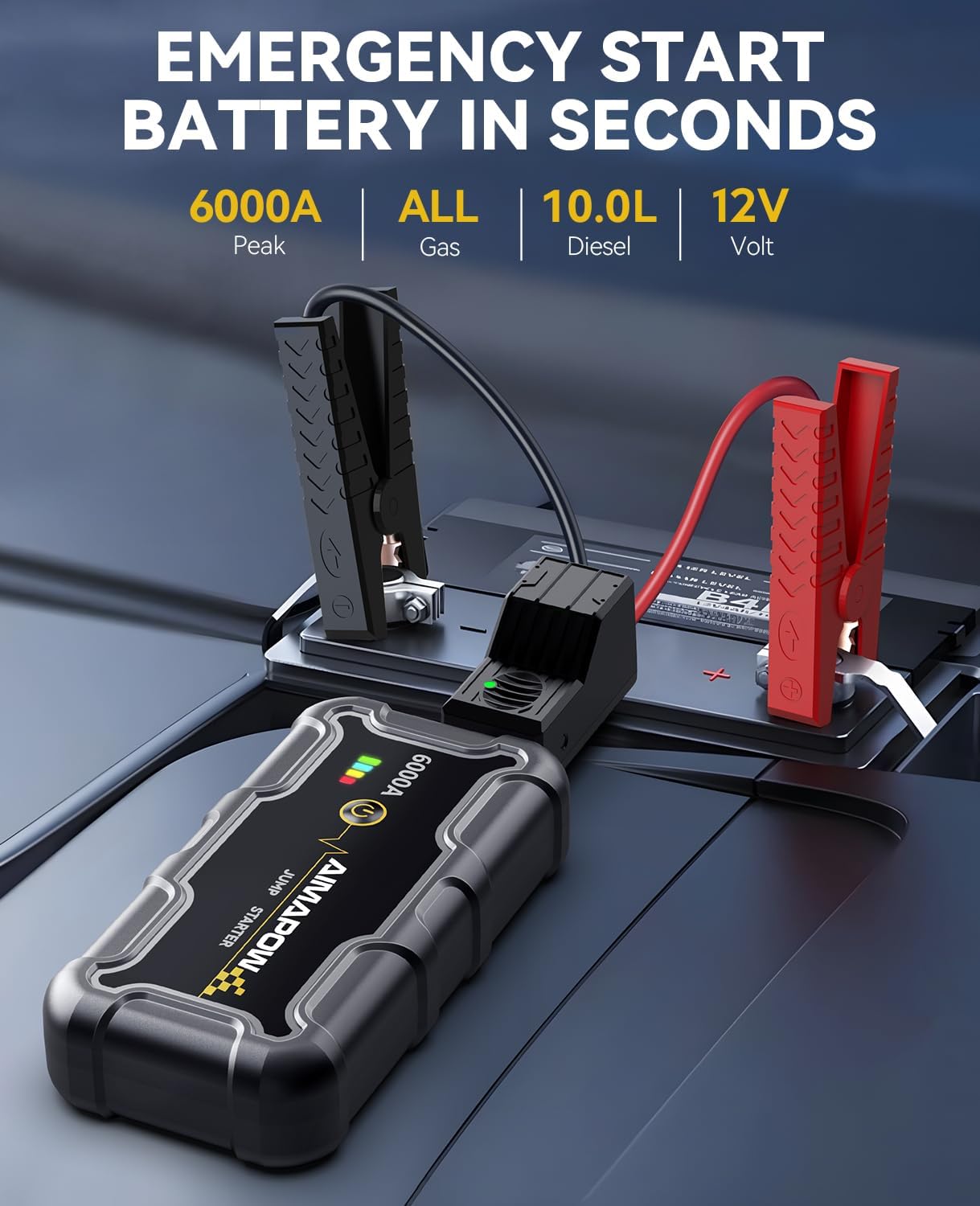 Portable Car Battery Jump Starter 6000A 20000mAh Jump Box, Car Jumper Starter Portable Jumper Cables for car(AllL Gas/10L Diesel), Fast Charge, Lights, Compact