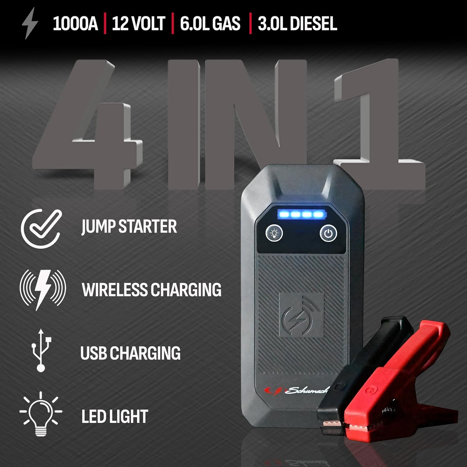 Schumacher Electric 12V Lithium Jump Starter  Power Pack - Portable 1000A Battery Jumper with 10W Wireless Charging, USBA/USBC Fast Charging  Multi-Mode LED Flashlight - 4-in-1 SL1672