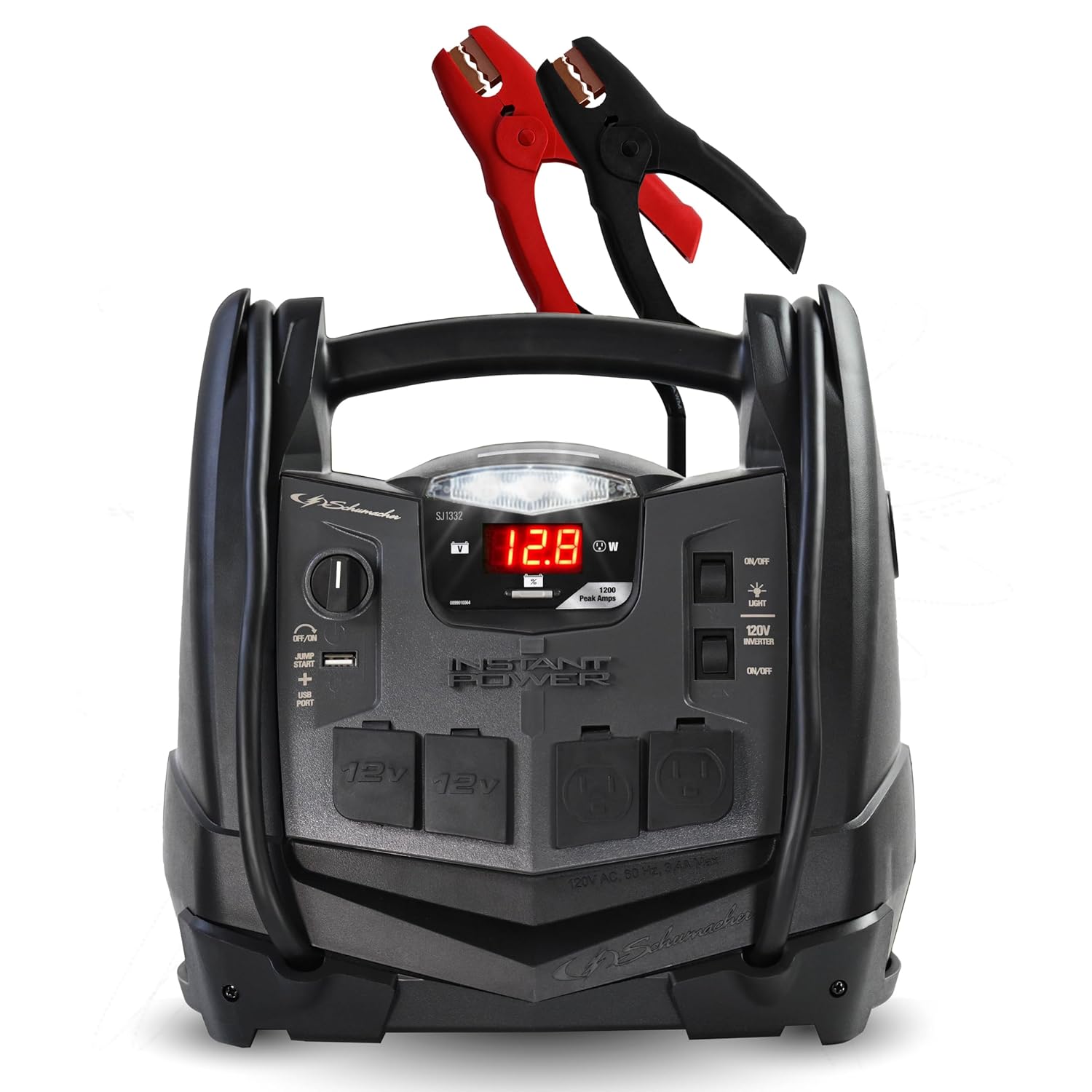 Schumacher Electric Jump Starter and Portable Power Station, SJ1332, 6-in-1, 1200 Peak Amps, 12 Volts, 150-PSI Air Compressor, 200 Continuous Watt Power Inverter, 5 Outlets - DC, AC and USB