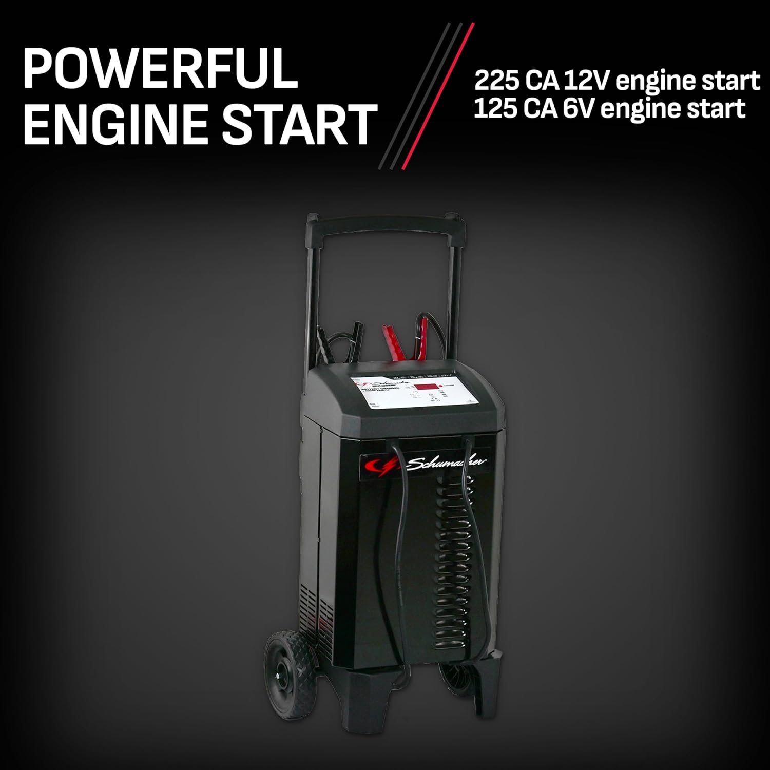 Schumacher Electric Wheeled Battery Charger and Engine Starter, SC1632, 4-in-1, Fully Automatic, 225 Craniking Amps, 40 Amp Boost Mode, 6 Volt, 12 Volt, for Car, SUV, Truck, and Marine Batteries