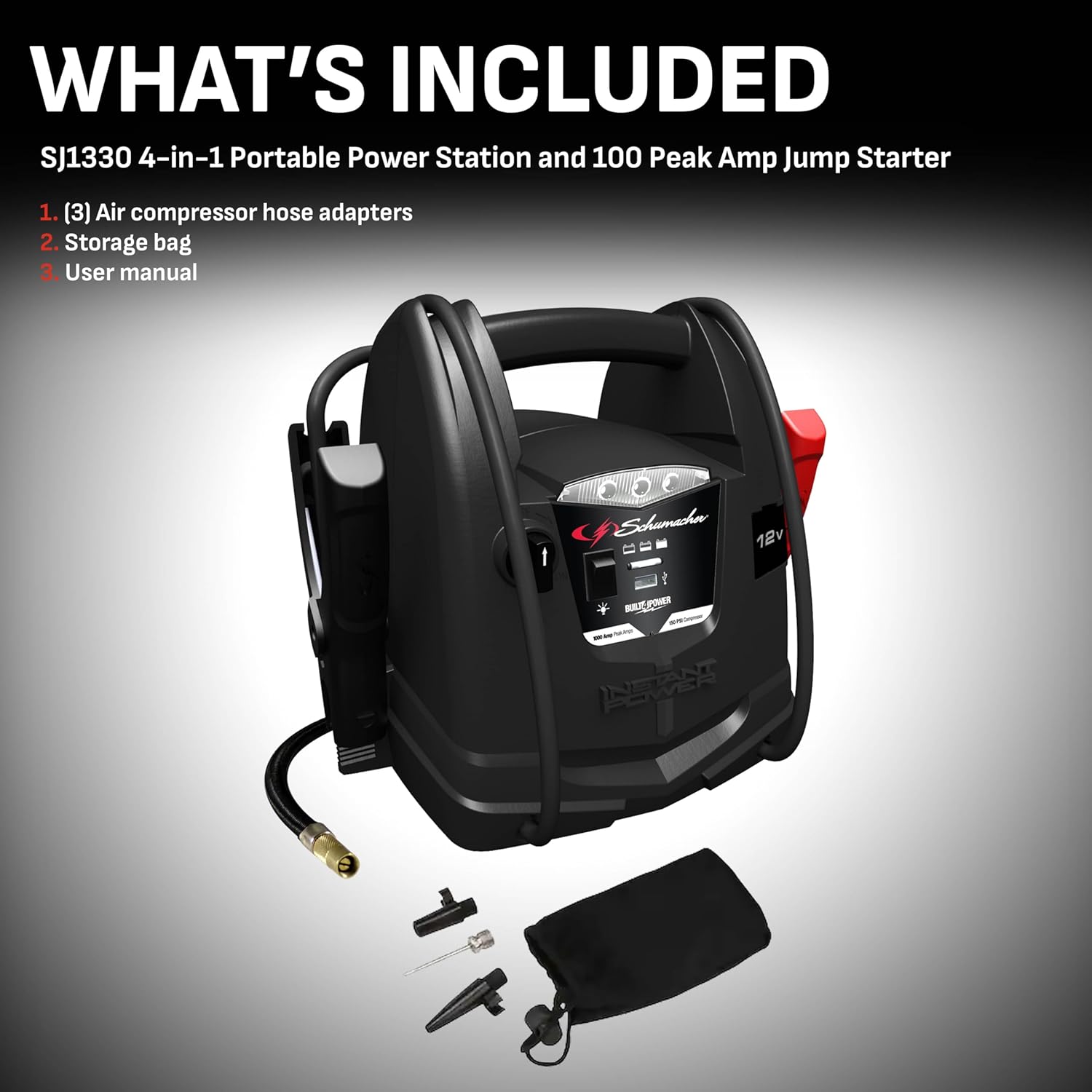 Schumacher SJ1330 1000 Peak Amp Jump Starter and Air Compressor with 12V USB Portable Power Ports