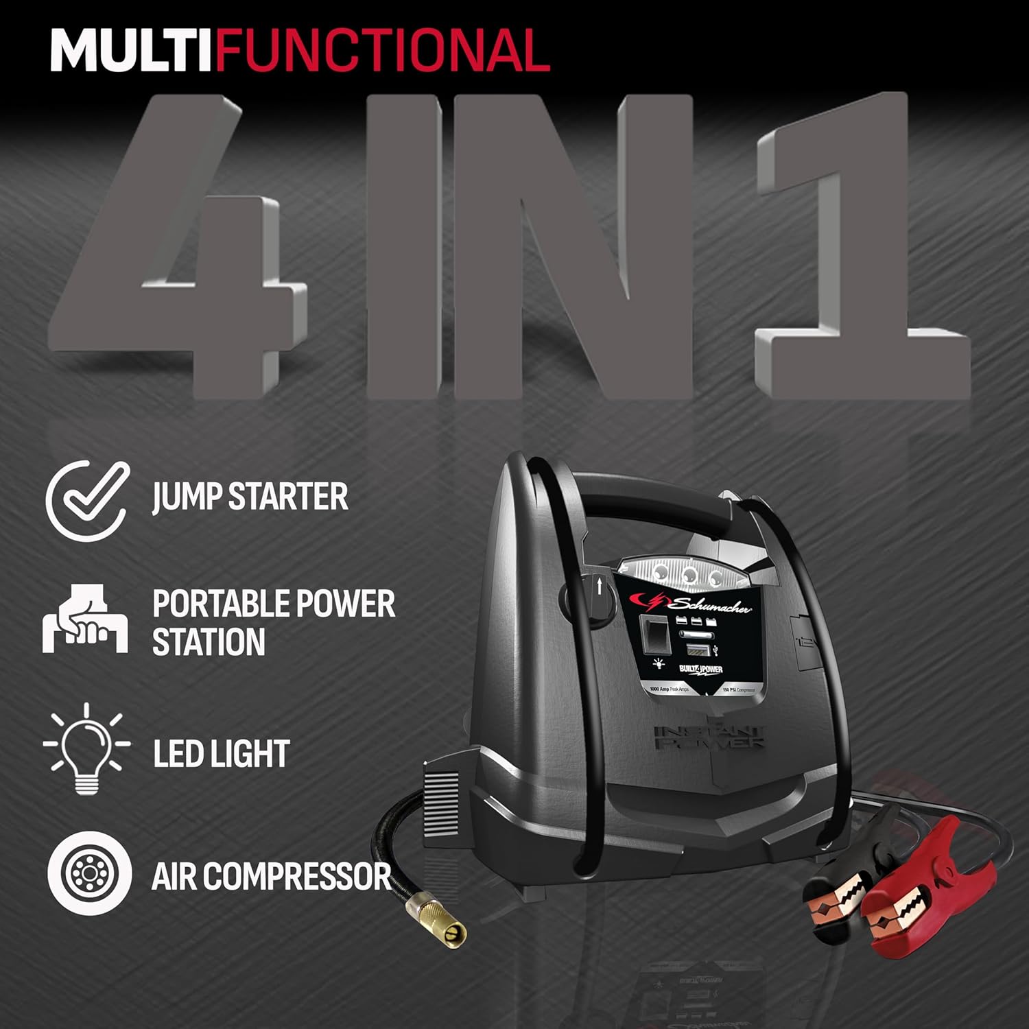 Schumacher SJ1330 1000 Peak Amp Jump Starter and Air Compressor with 12V USB Portable Power Ports