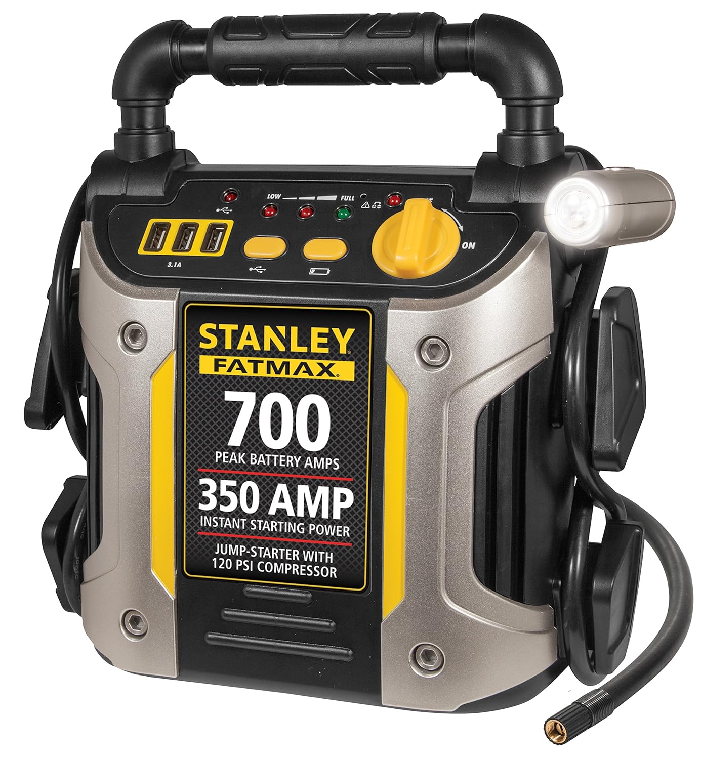 Stanley FATMAX J7CS Portable Power Station Jump Starter 700 Peak Amp Battery Booster, 120 PSI Air Compressor, 3.1A USB Ports, Battery Clamps