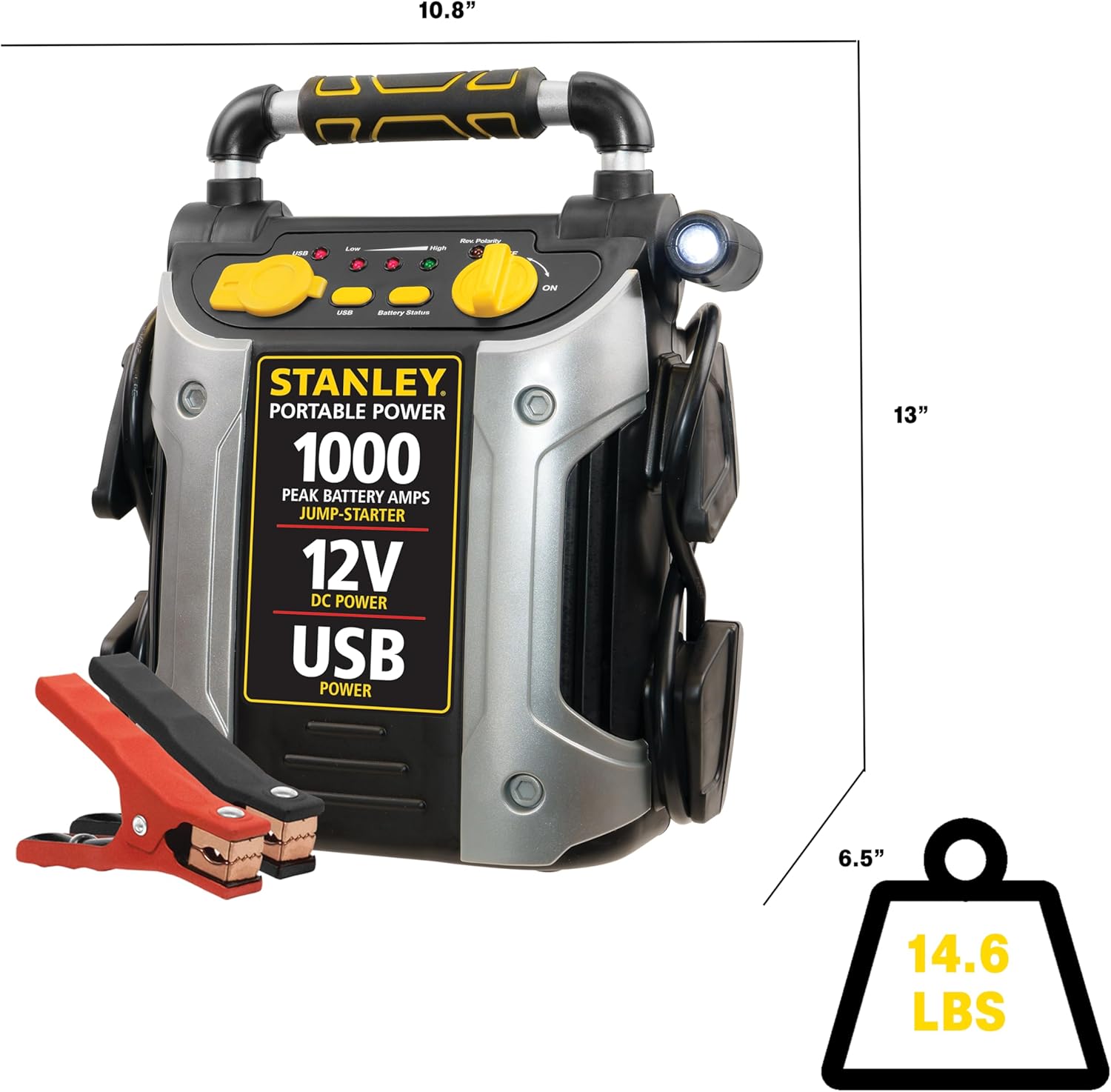 STANLEY J509 Portable Power Station Jump Starter 1000 Peak Amp Battery Booster, USB Port, Battery Clamps STANLEY J509 Portable Power Station Jump Starter 1000 Peak Amp Battery Booster, USB Port, Battery Clamps