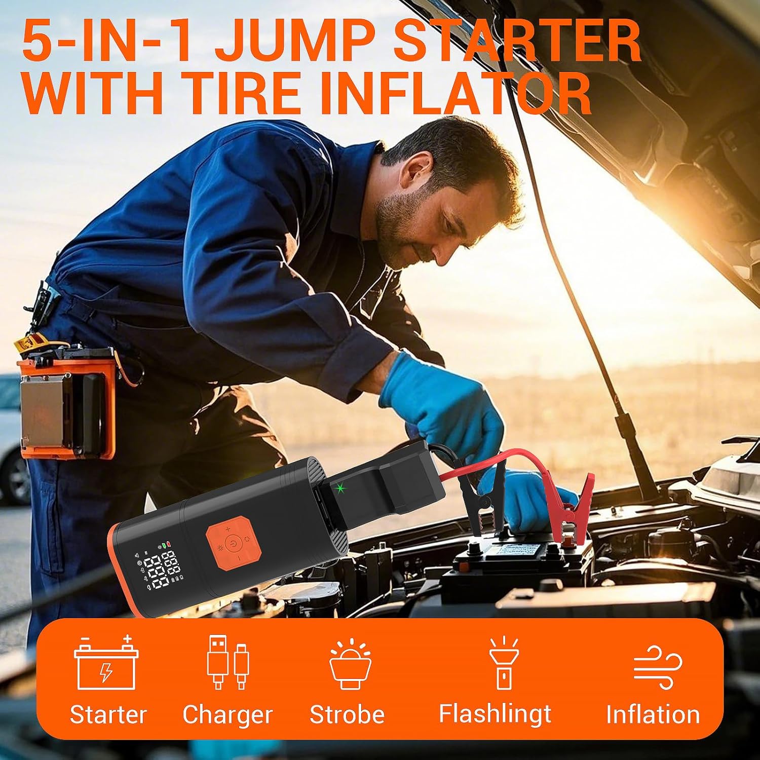 Tire Inflator Portable Air Compressor Car Battery Jump Starter Combo 150 PSI 3000 Amp Jumper Box Cordless Mini Bike Tire Pump, 12V Air Pump for Car, Motorcycle, Bicycle, Balls with LED Light